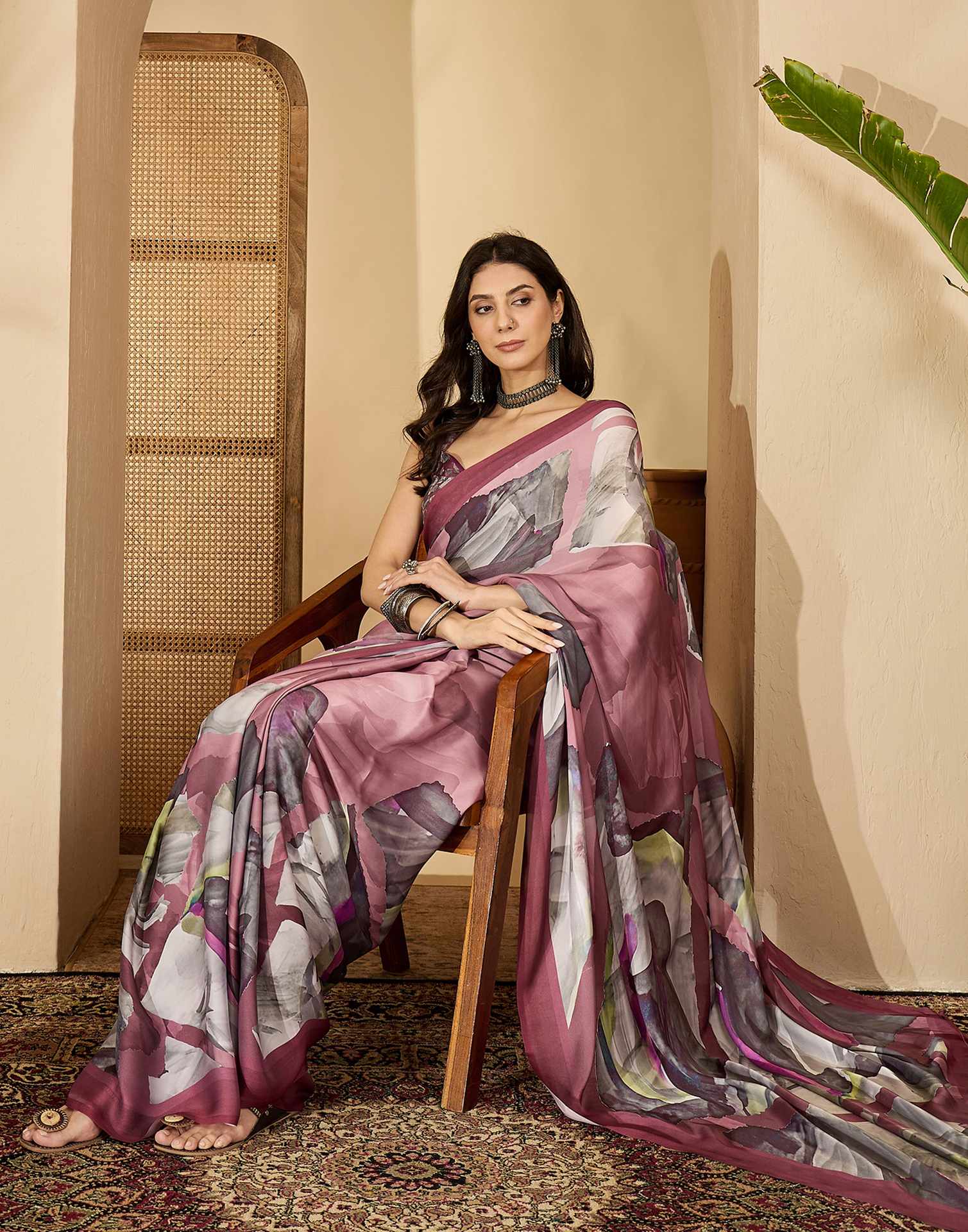 Mauve Satin Printed Saree