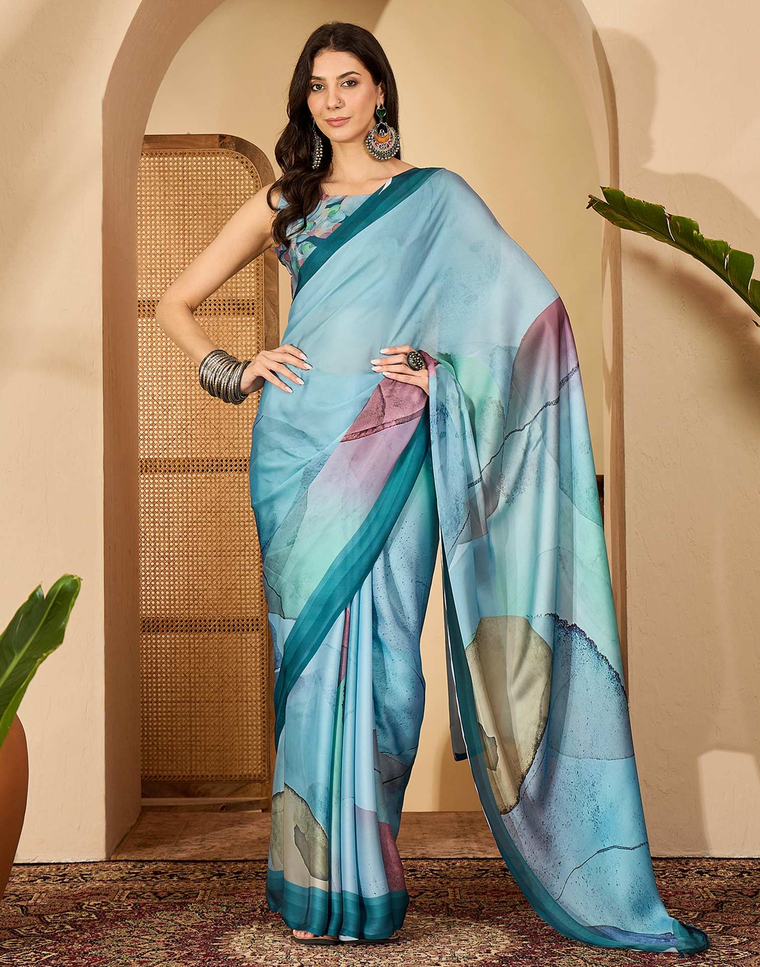 Light Blue Satin Printed Saree