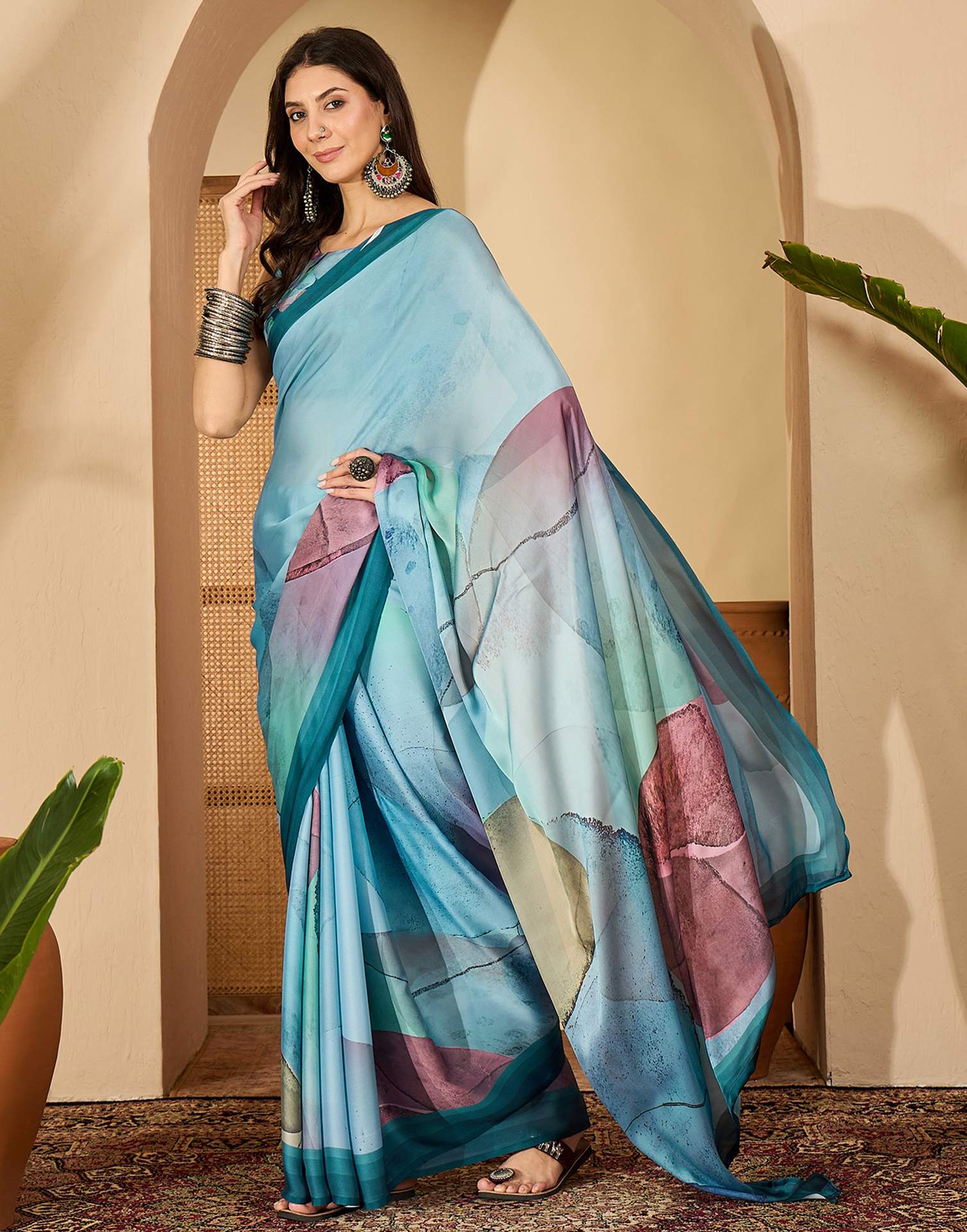 Light Blue Satin Printed Saree