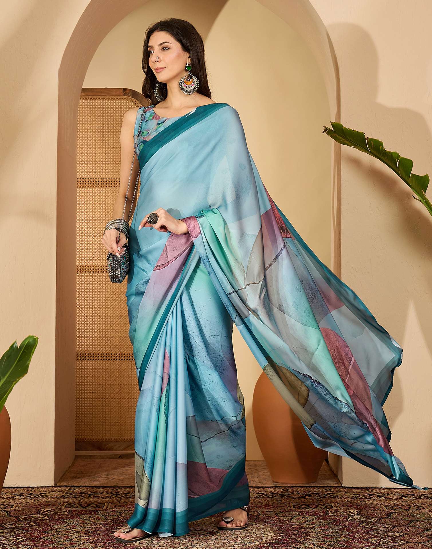 Light Blue Satin Printed Saree