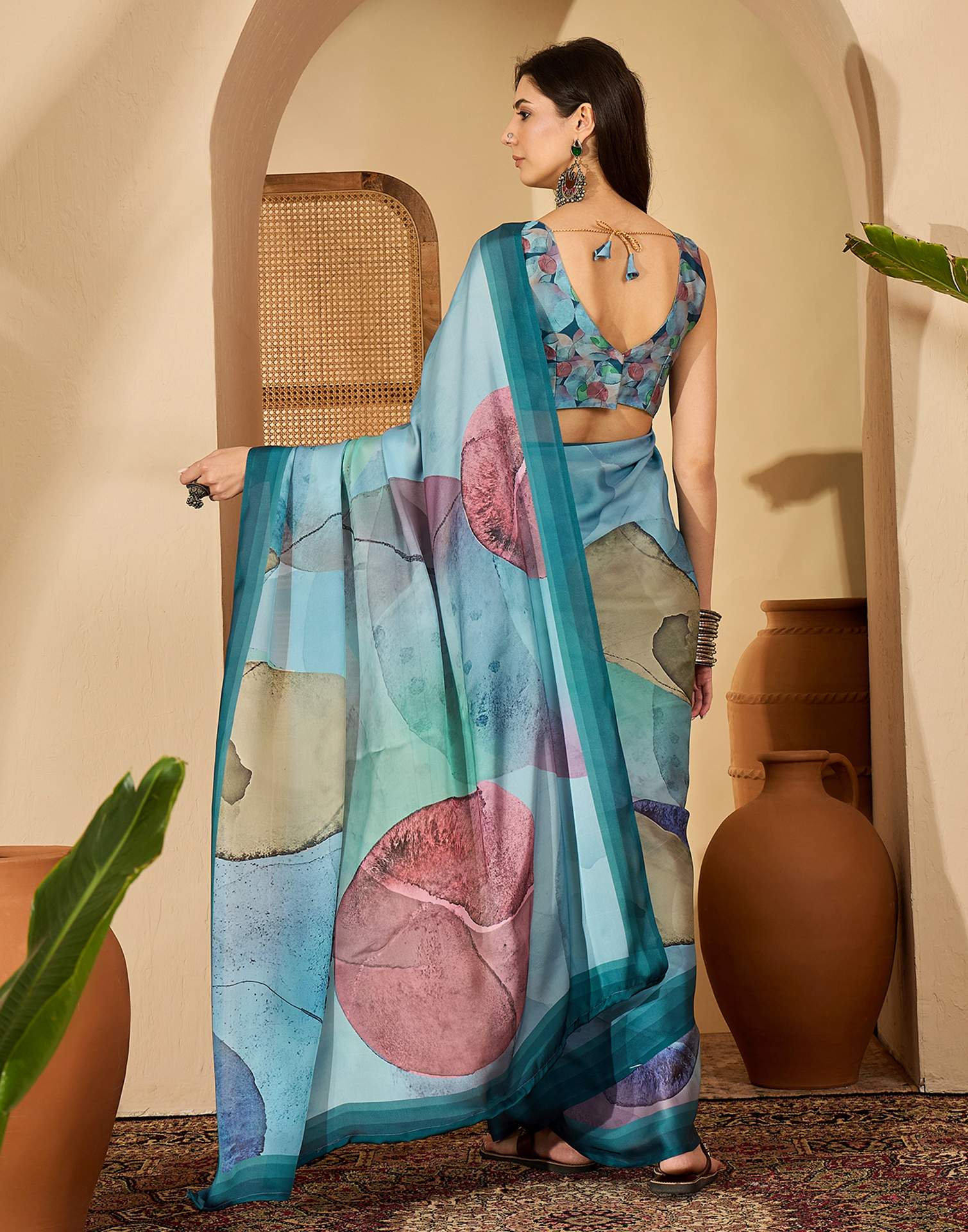 Light Blue Satin Printed Saree