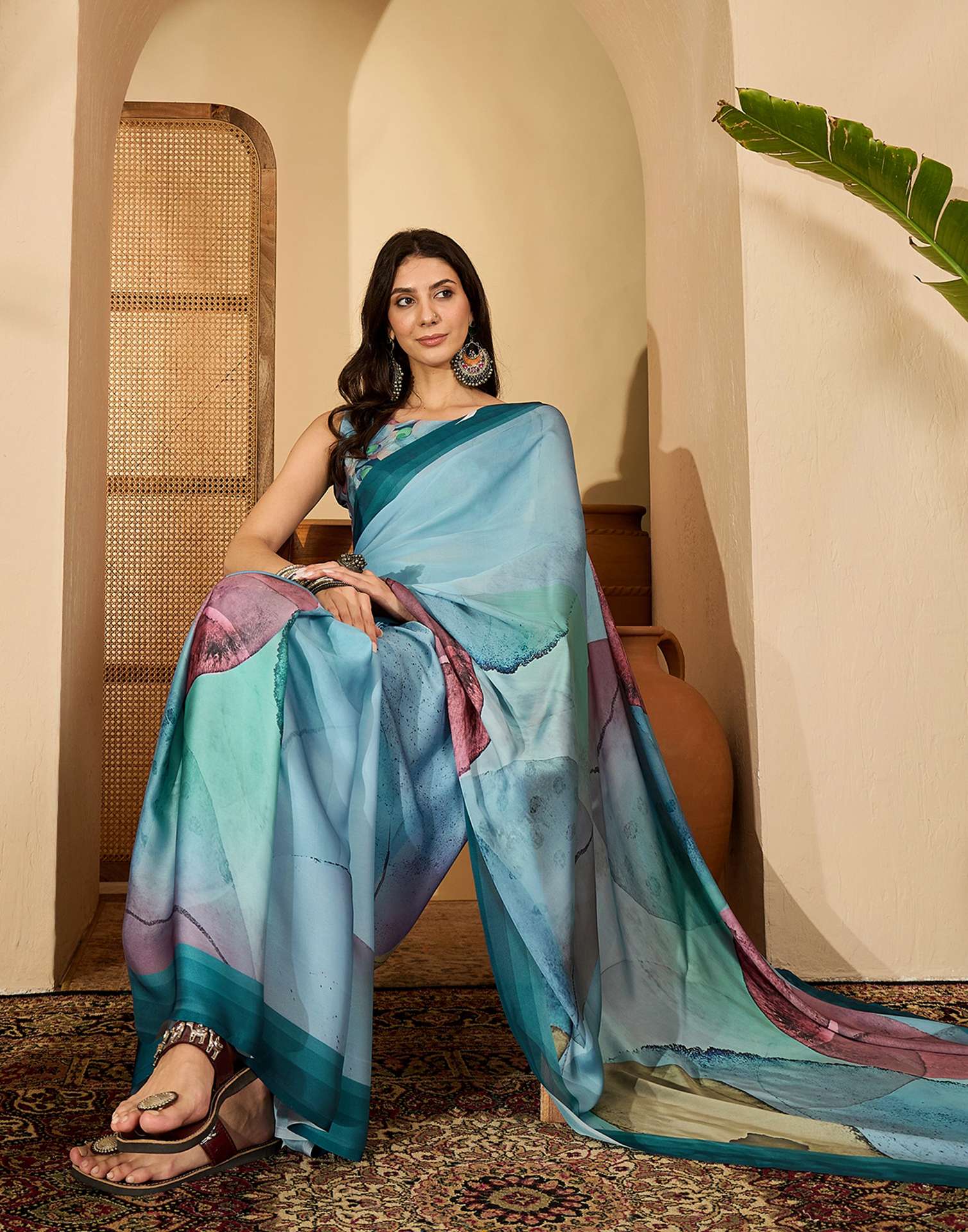 Light Blue Satin Printed Saree