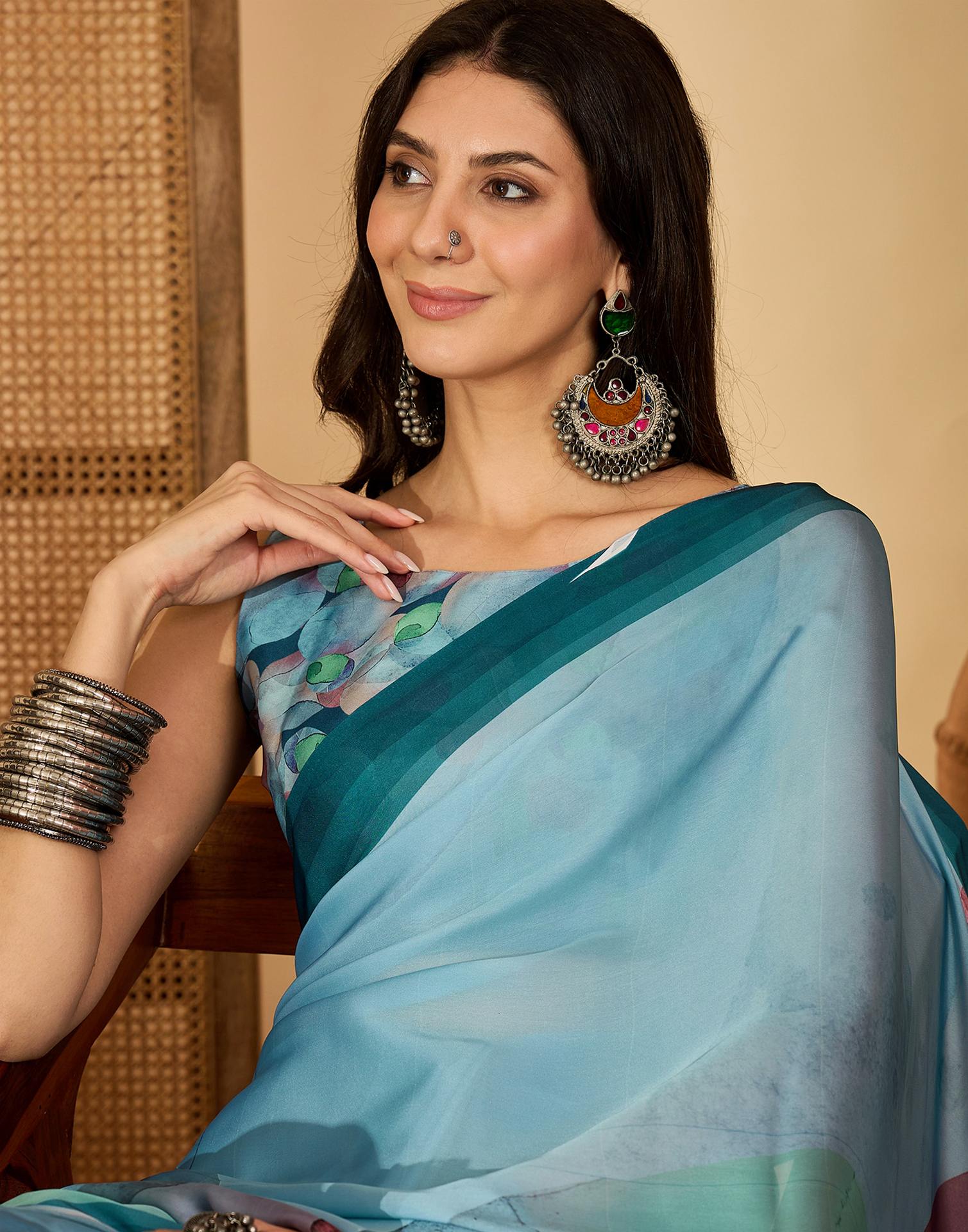 Light Blue Satin Printed Saree