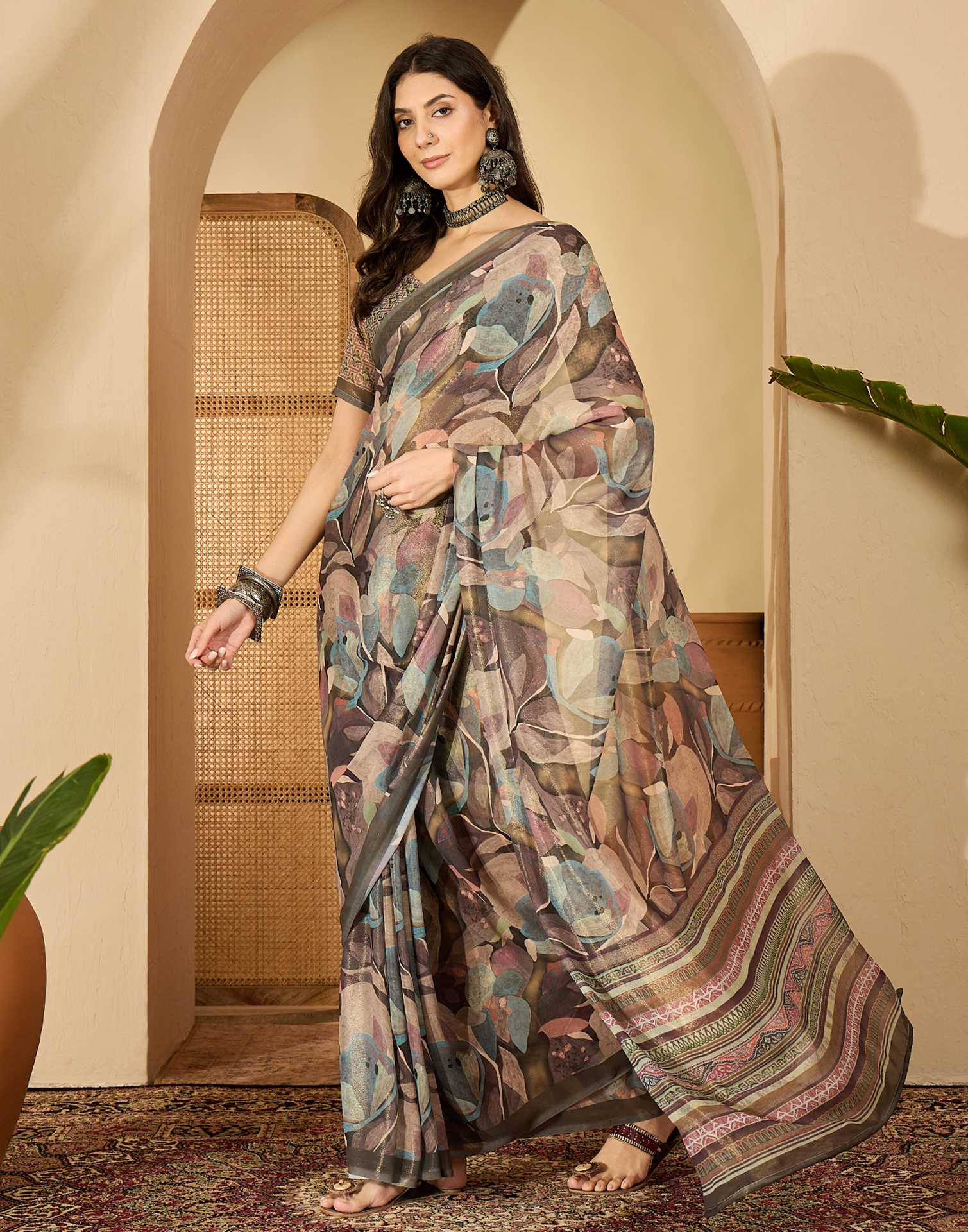 Olive Green Georgette Printed Saree