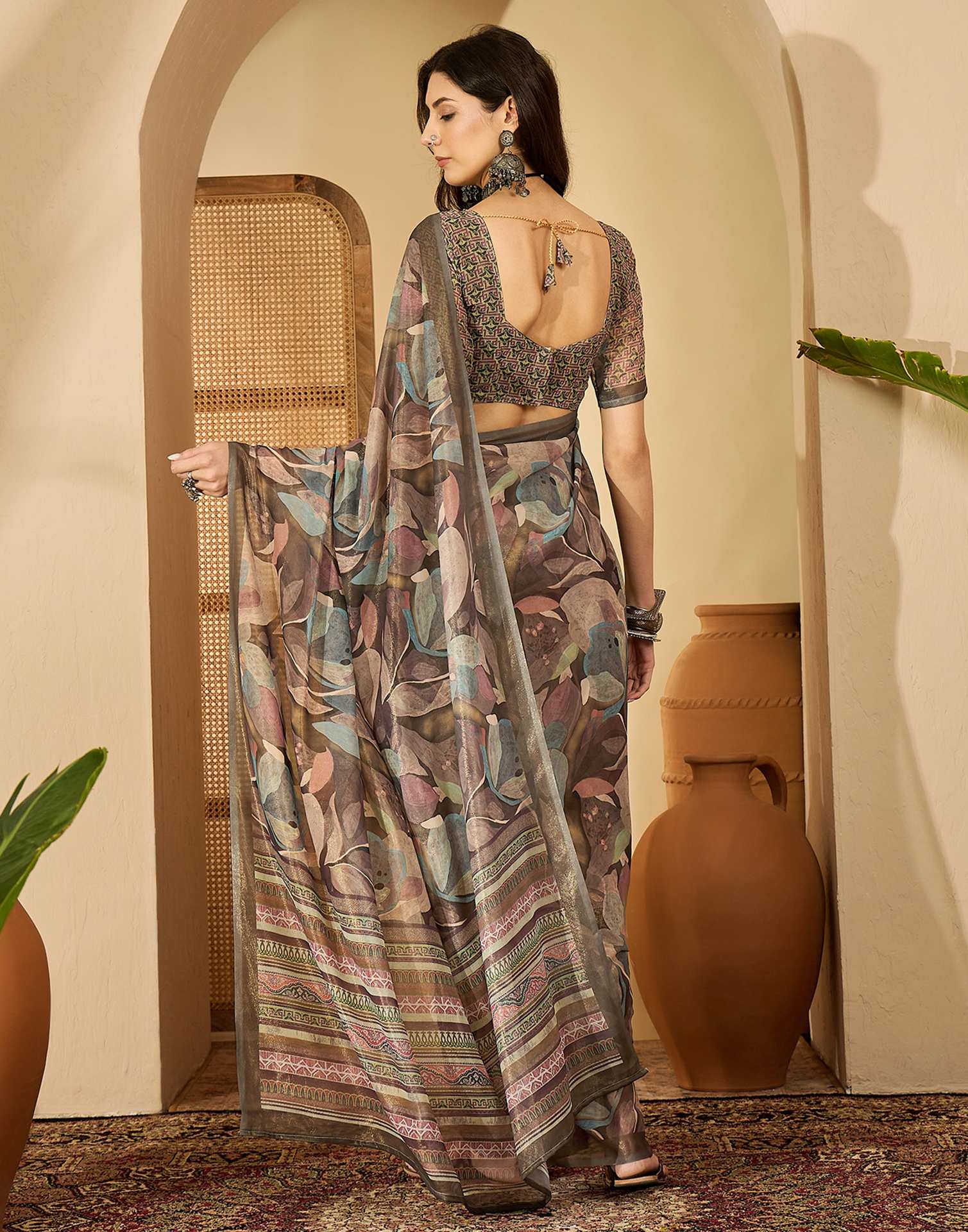 Olive Green Georgette Printed Saree