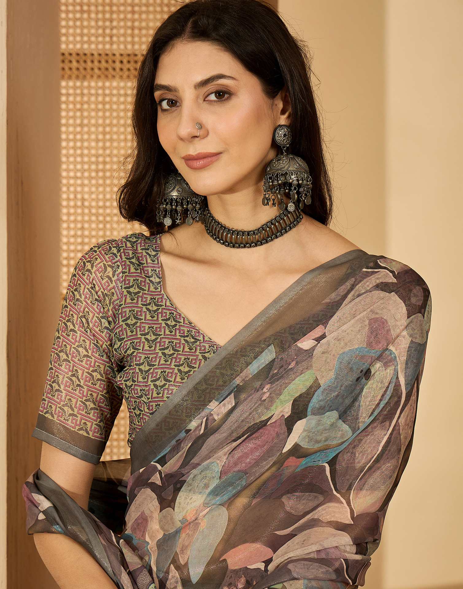 Olive Green Georgette Printed Saree