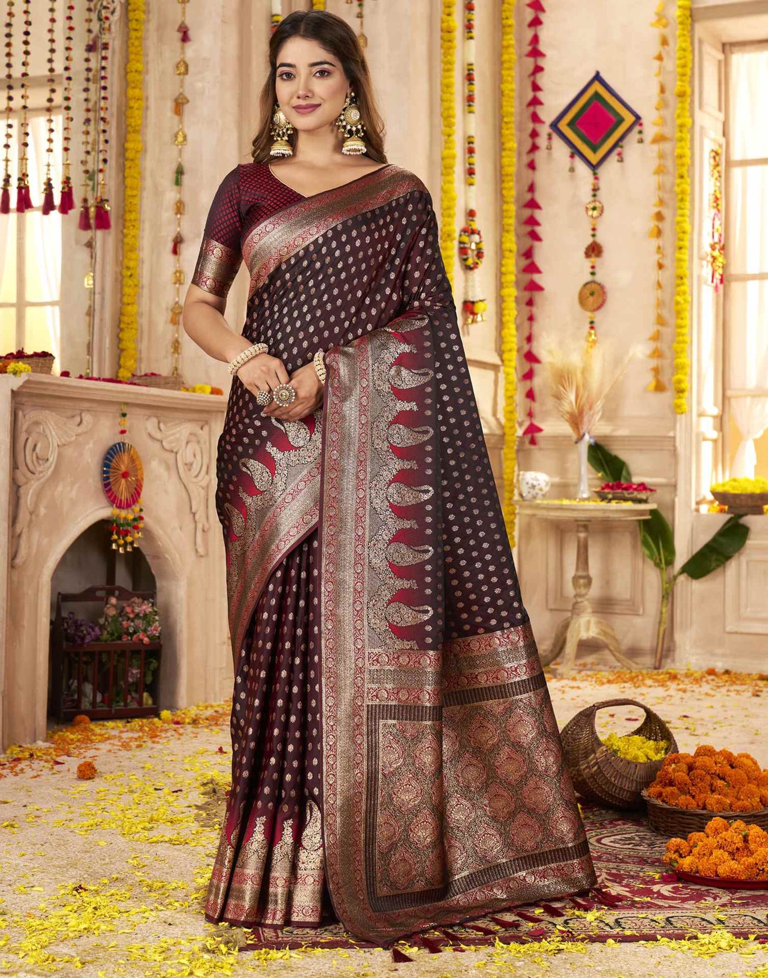Dark Maroon Silk Woven Banarasi Saree