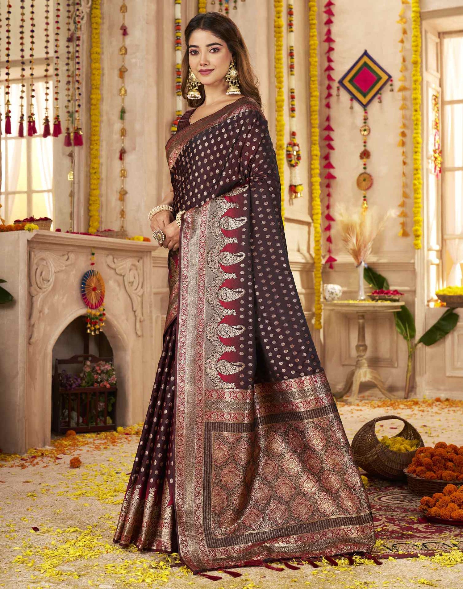 Dark Maroon Silk Woven Banarasi Saree