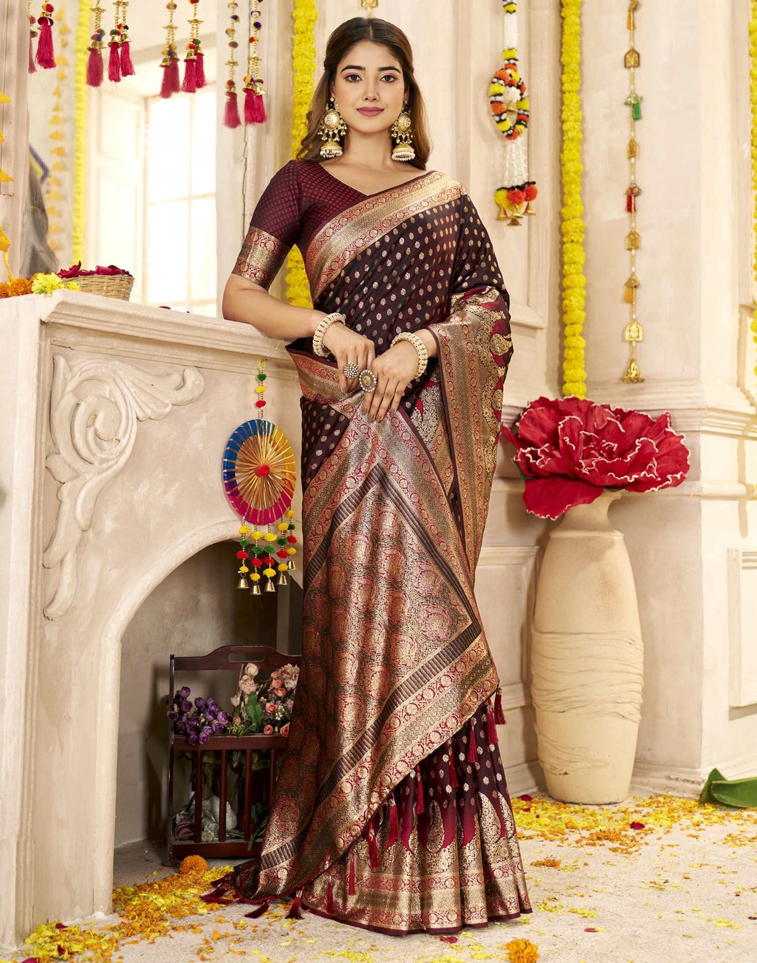 Dark Maroon Silk Woven Banarasi Saree