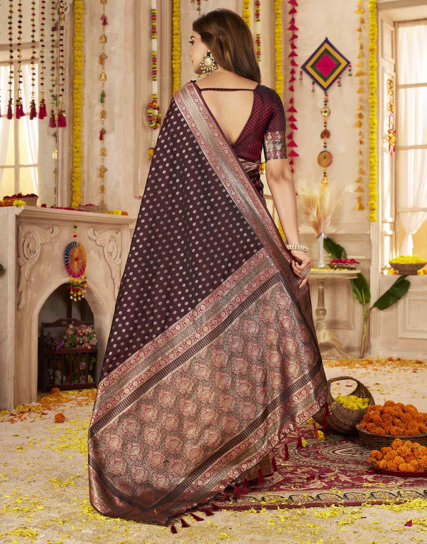 Dark Maroon Silk Woven Banarasi Saree