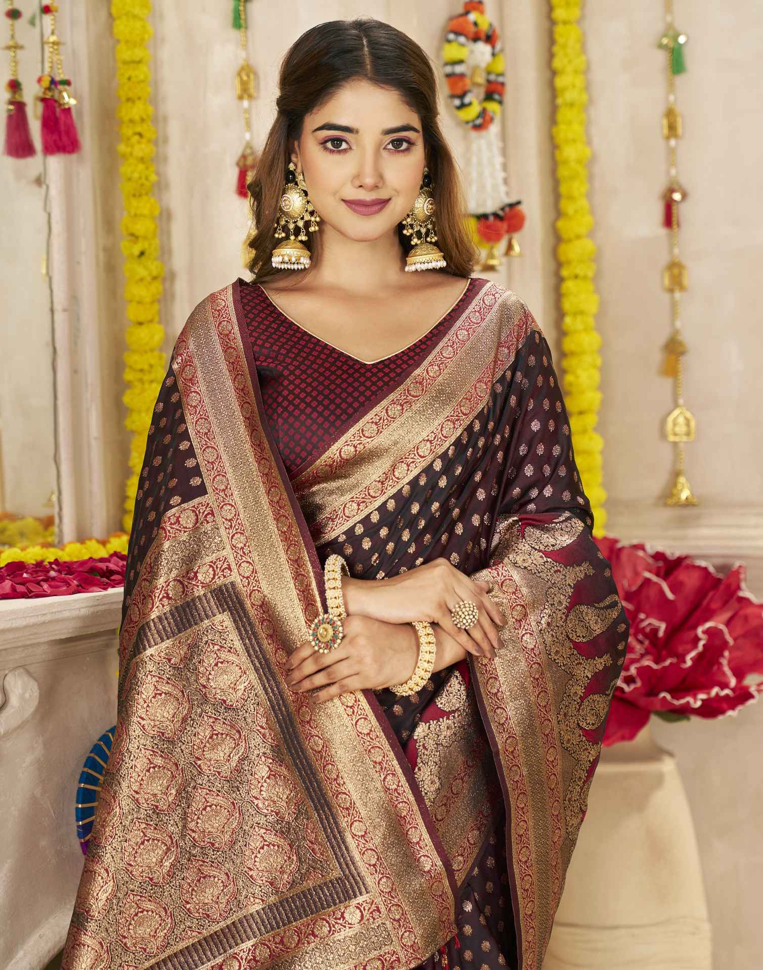 Dark Maroon Silk Woven Banarasi Saree