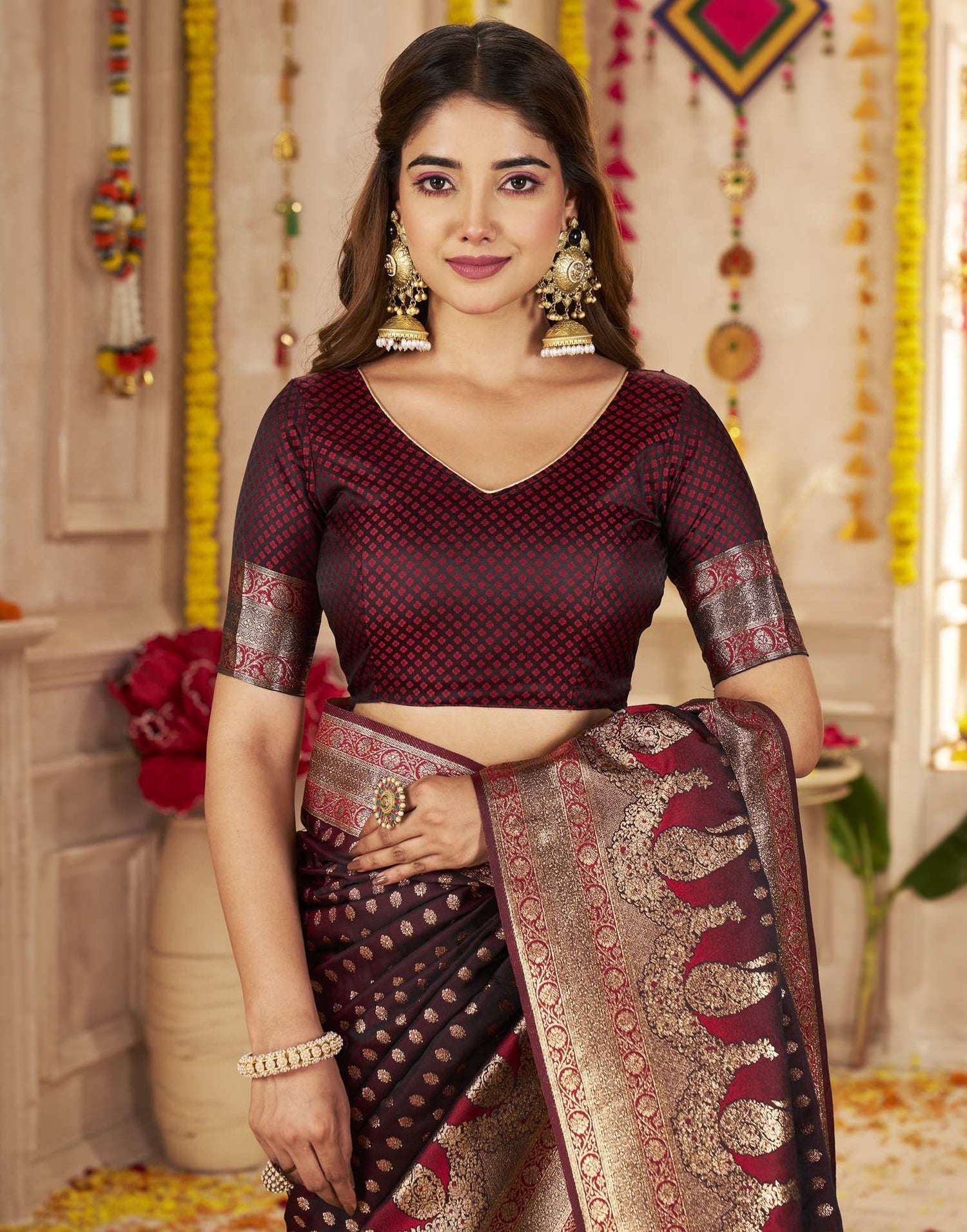 Dark Maroon Silk Woven Banarasi Saree