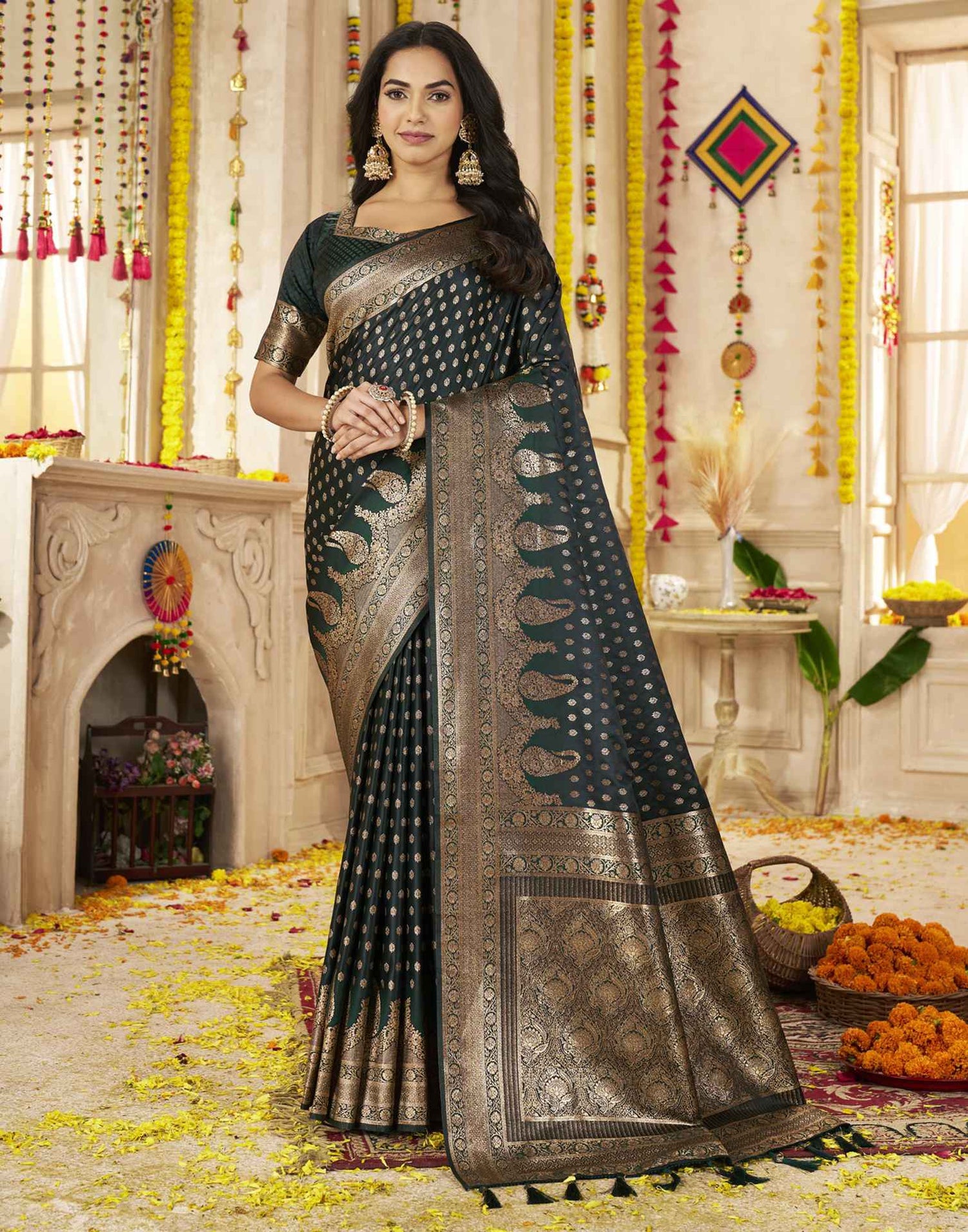 Dark Green Silk Woven Banarasi Saree