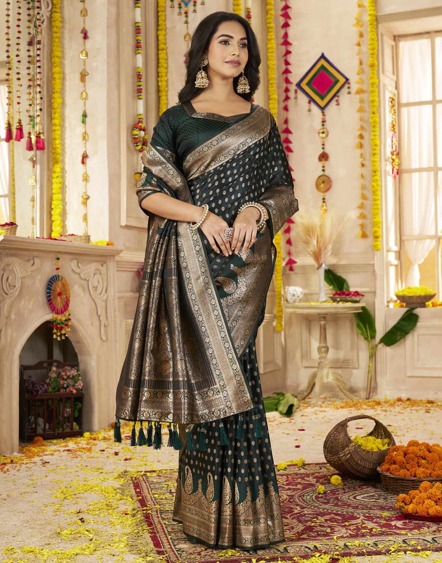Dark Green Silk Woven Banarasi Saree