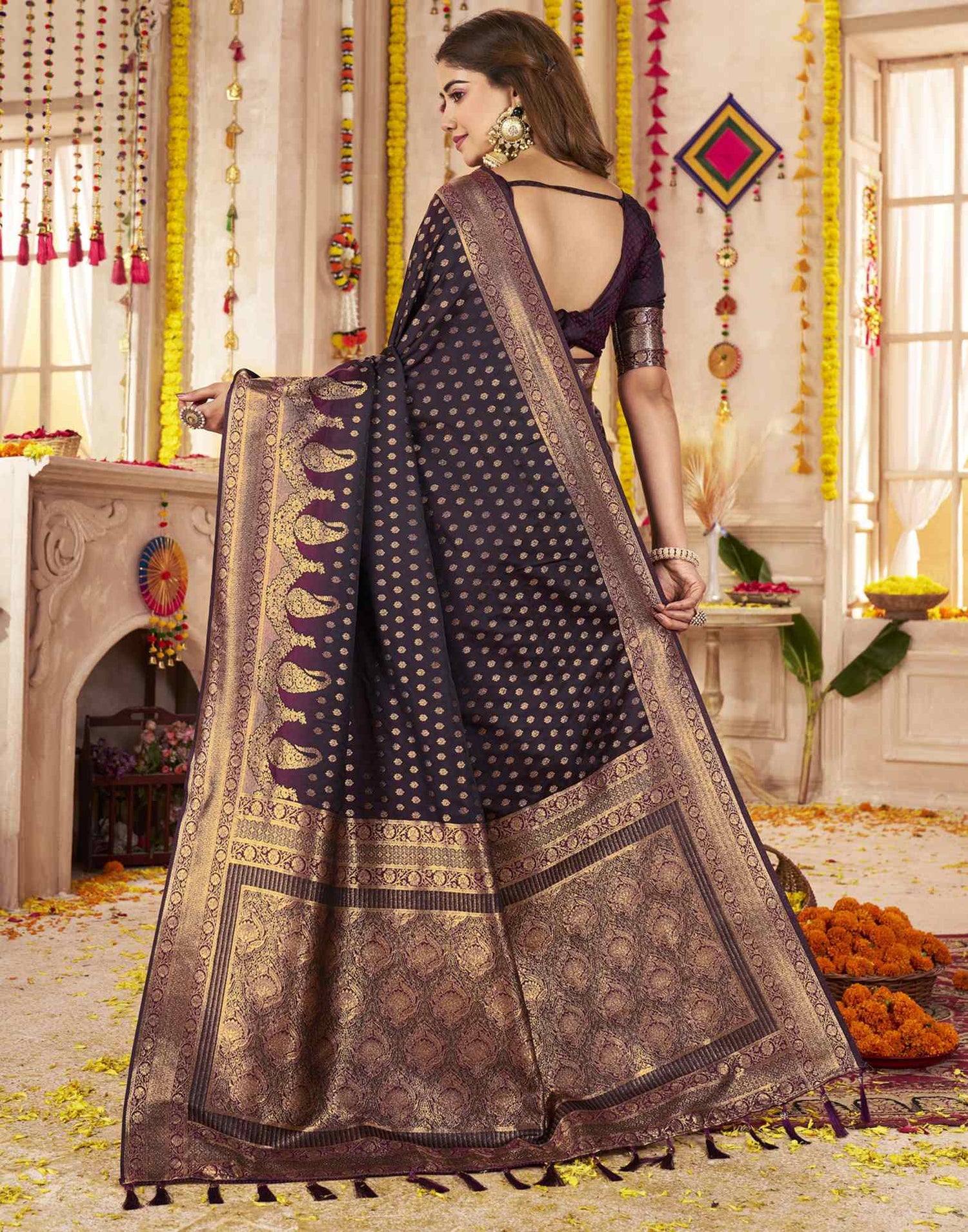 Wine Silk Woven Banarasi Saree