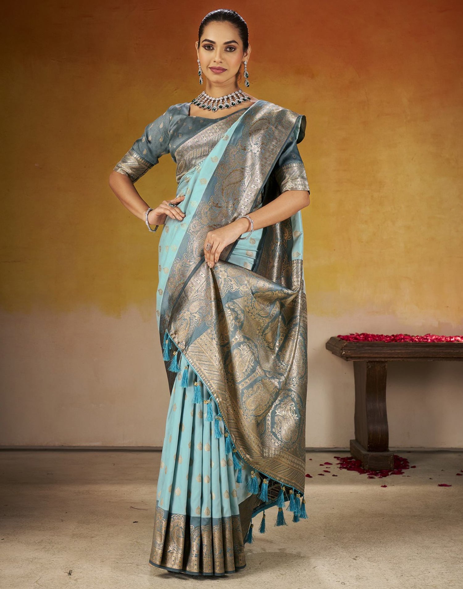 Sky Blue Silk Woven Banarasi Saree