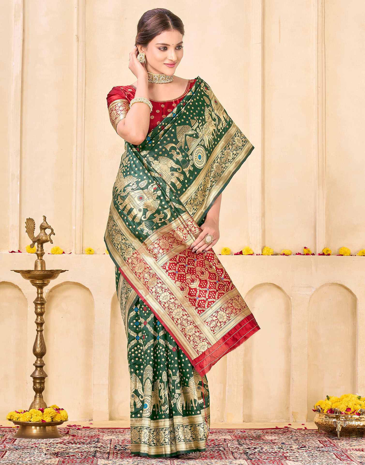 Bottle Green Silk Woven Banarasi Saree