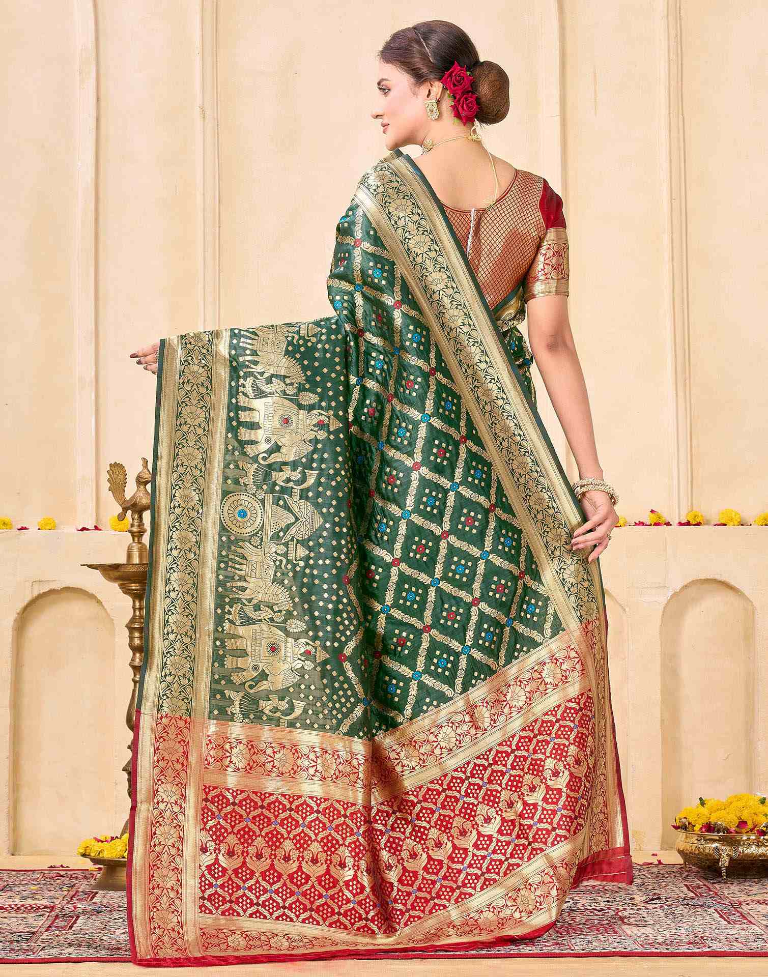 Bottle Green Silk Woven Banarasi Saree