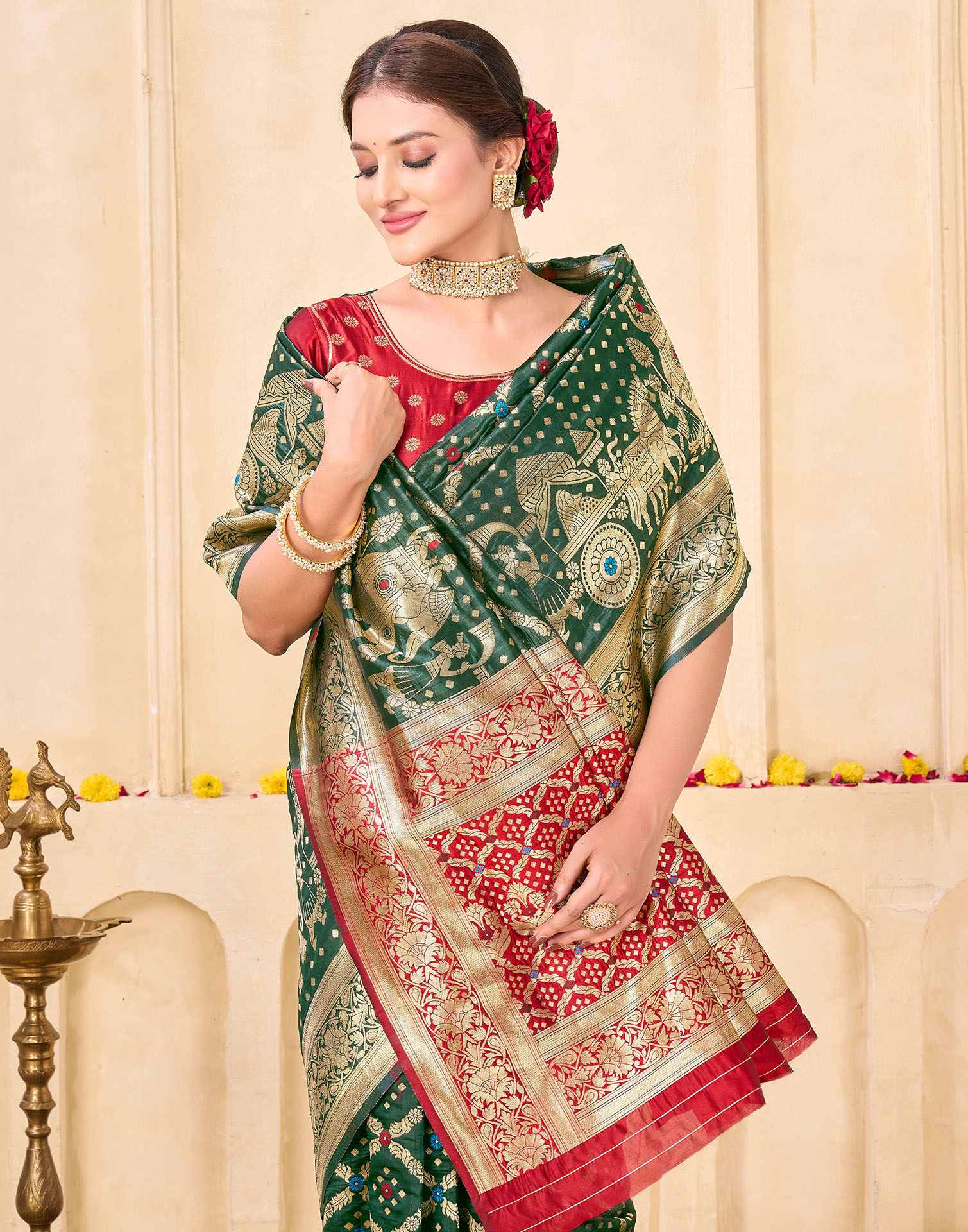 Bottle Green Silk Woven Banarasi Saree