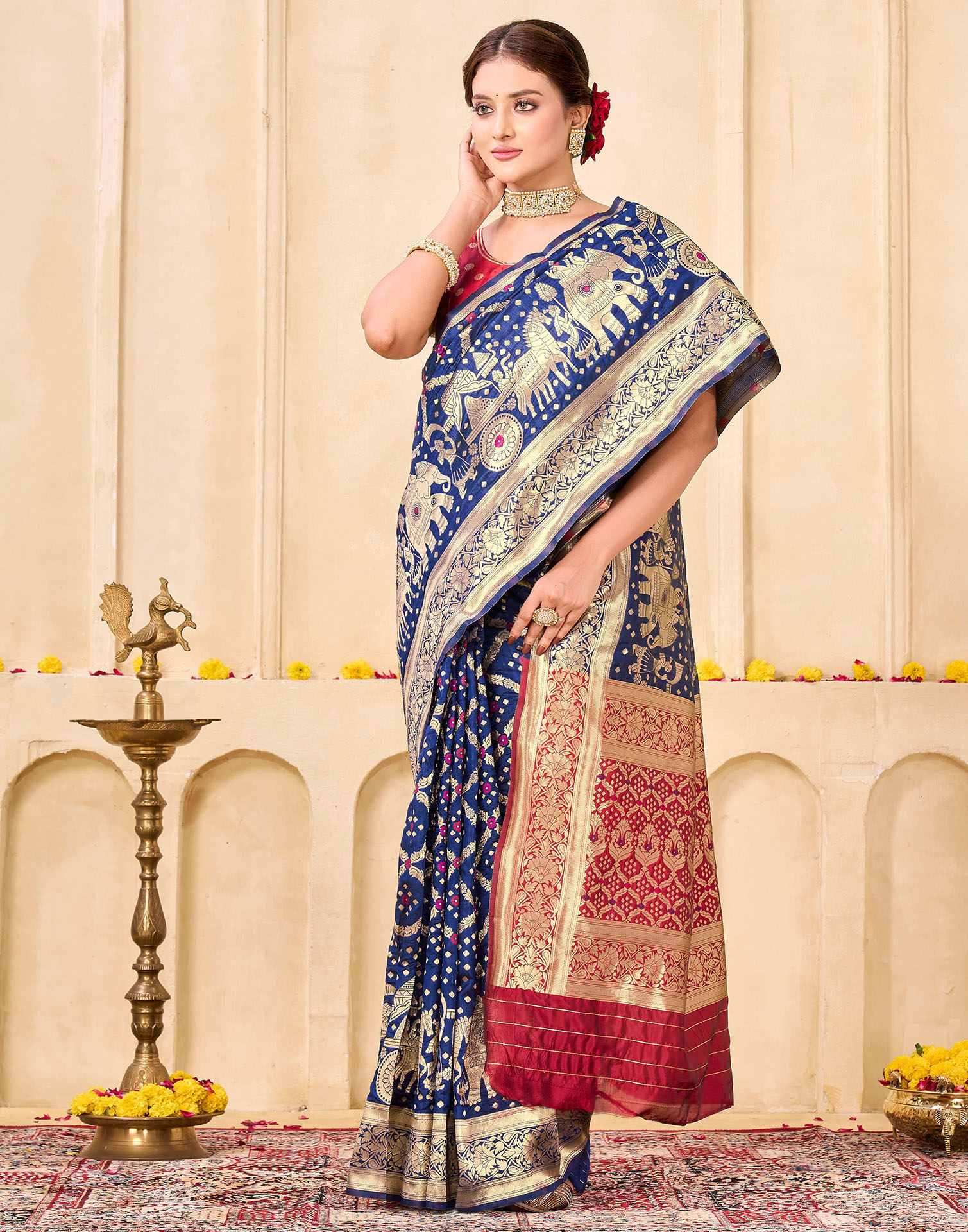 Navy Blue Silk Woven Banarasi Saree