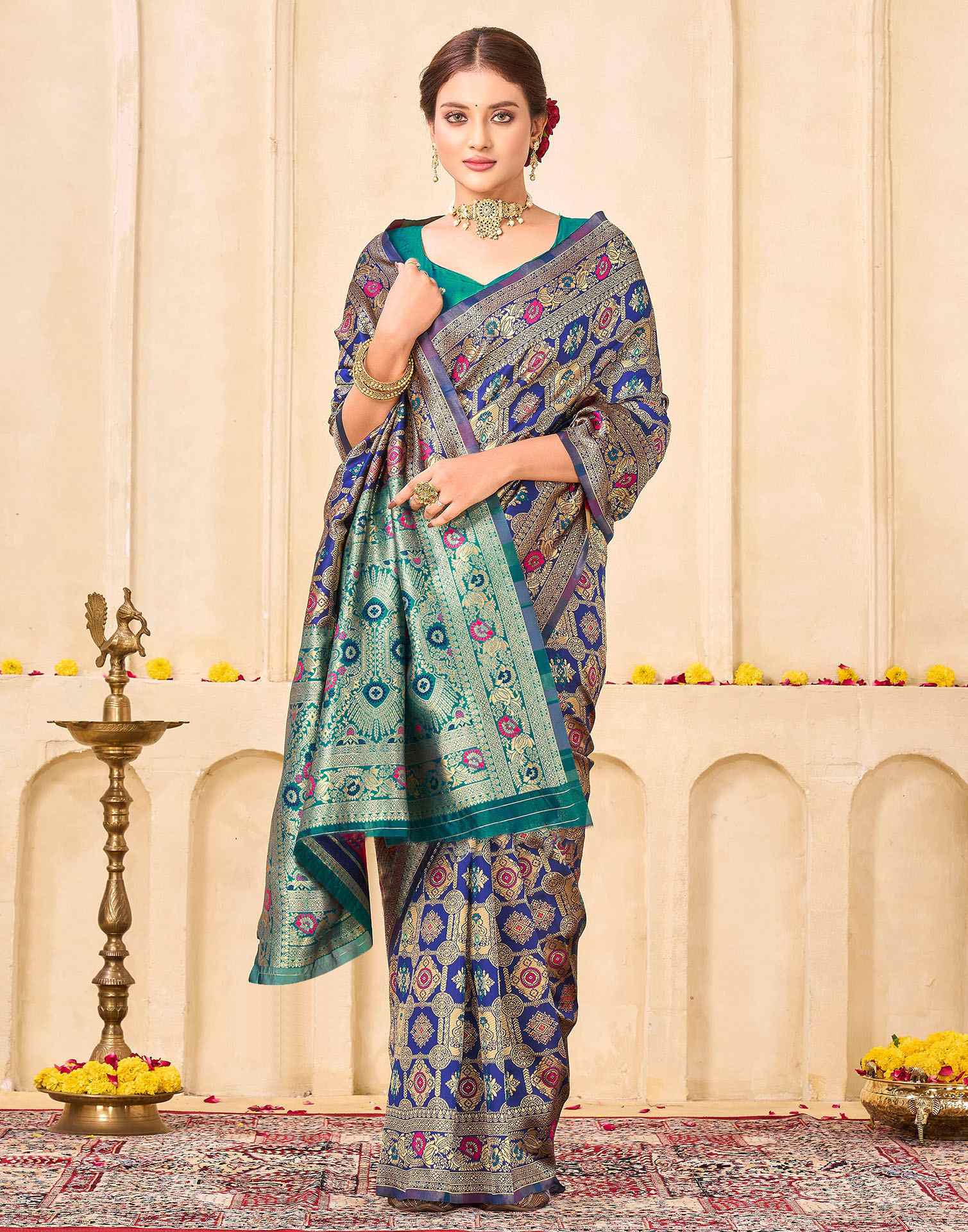Navy Blue Silk Woven Banarasi Saree