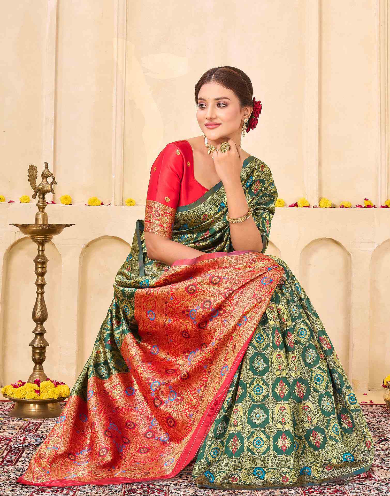 Bottle Green Silk Woven Banarasi Saree