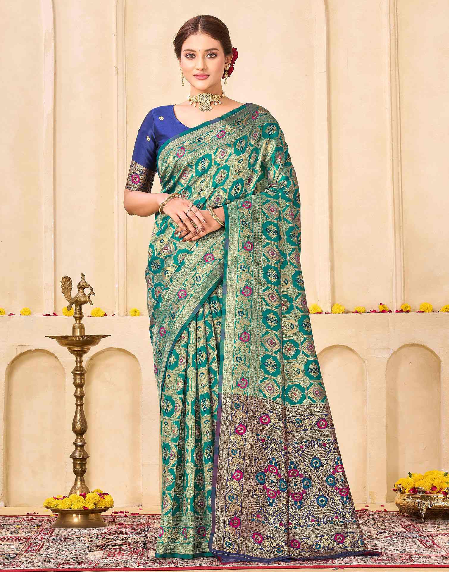Teal Green Silk Woven Banarasi Saree