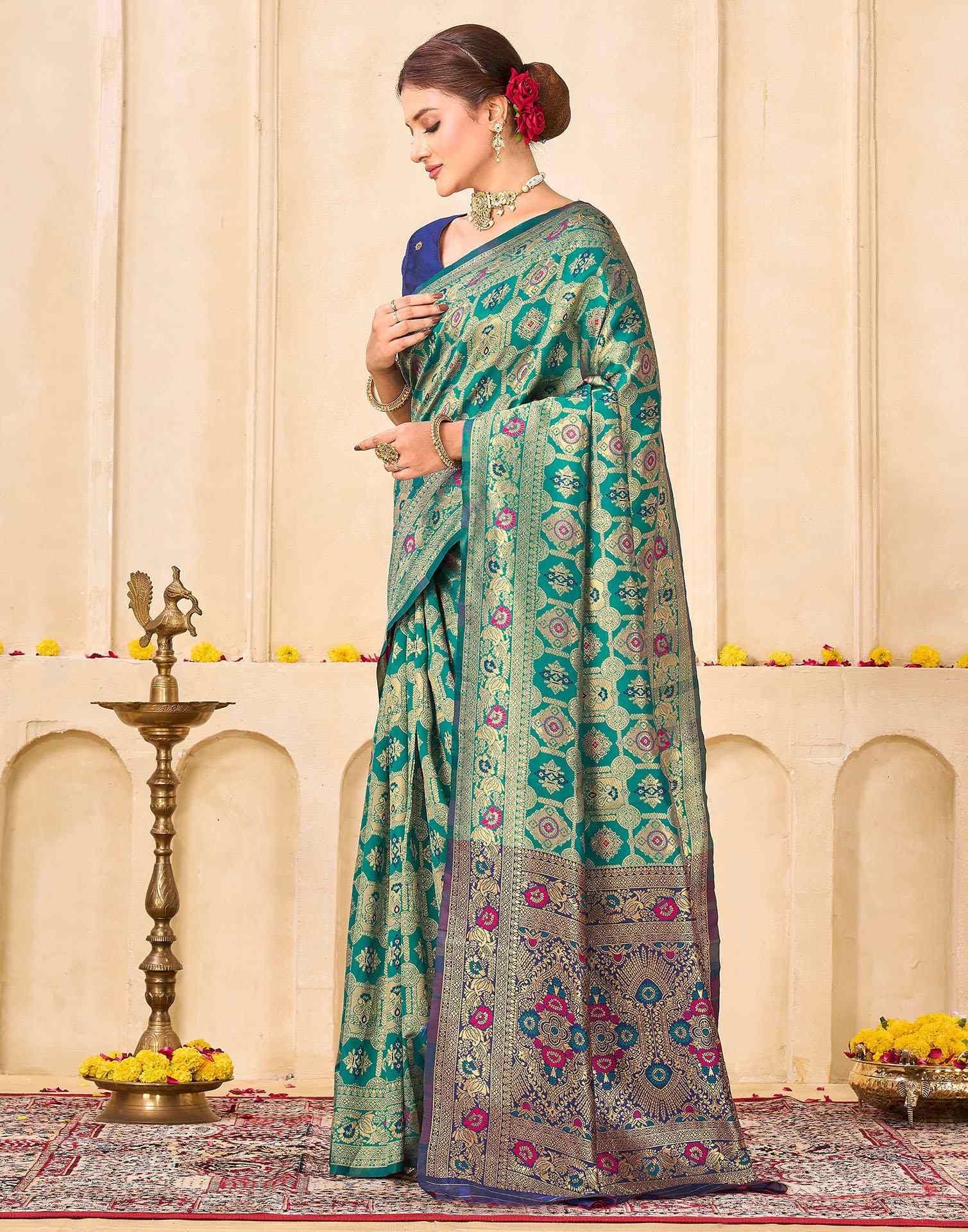 Teal Green Silk Woven Banarasi Saree