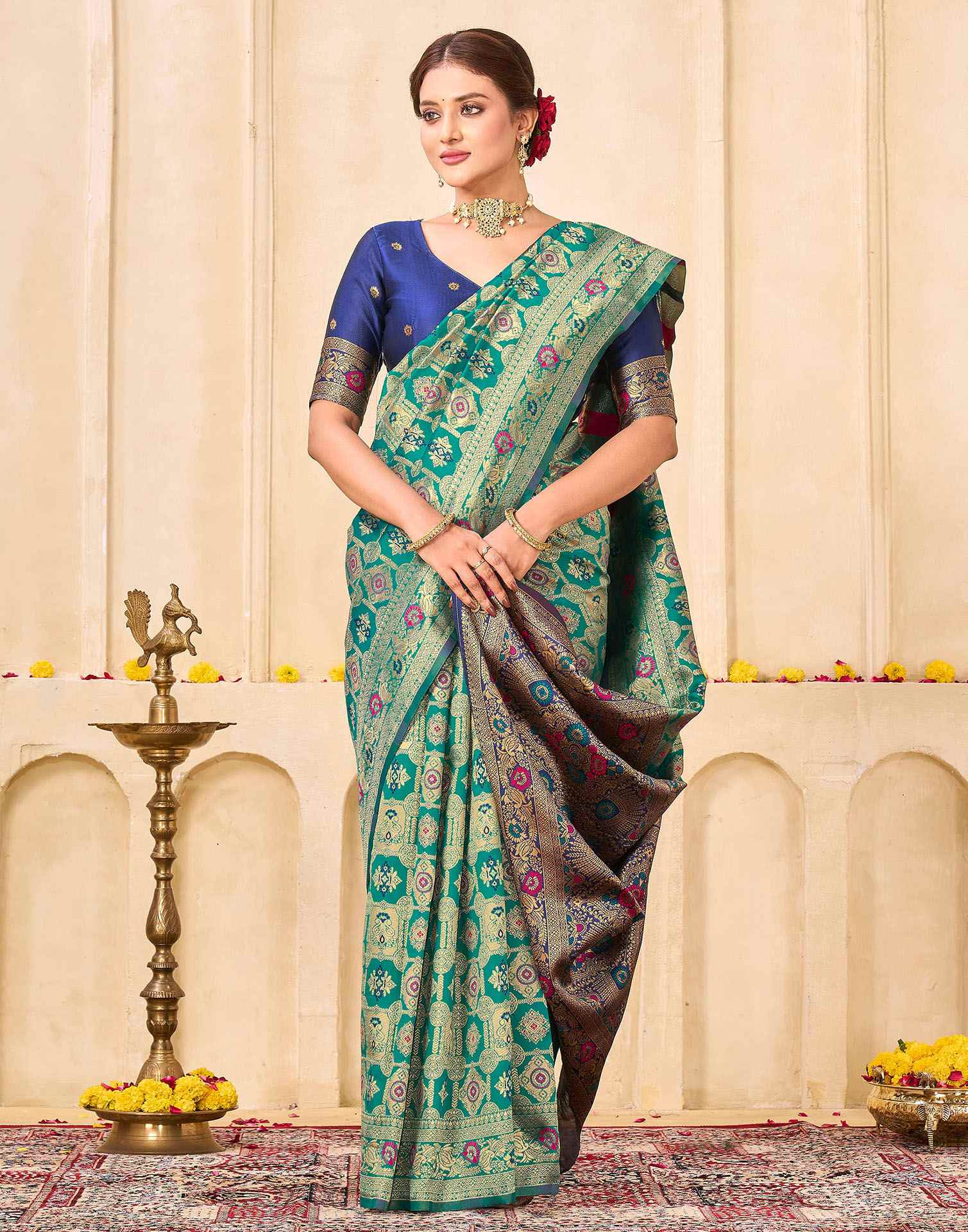 Teal Green Silk Woven Banarasi Saree