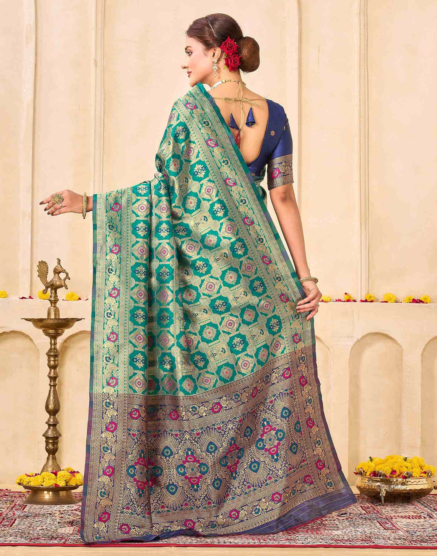 Teal Green Silk Woven Banarasi Saree