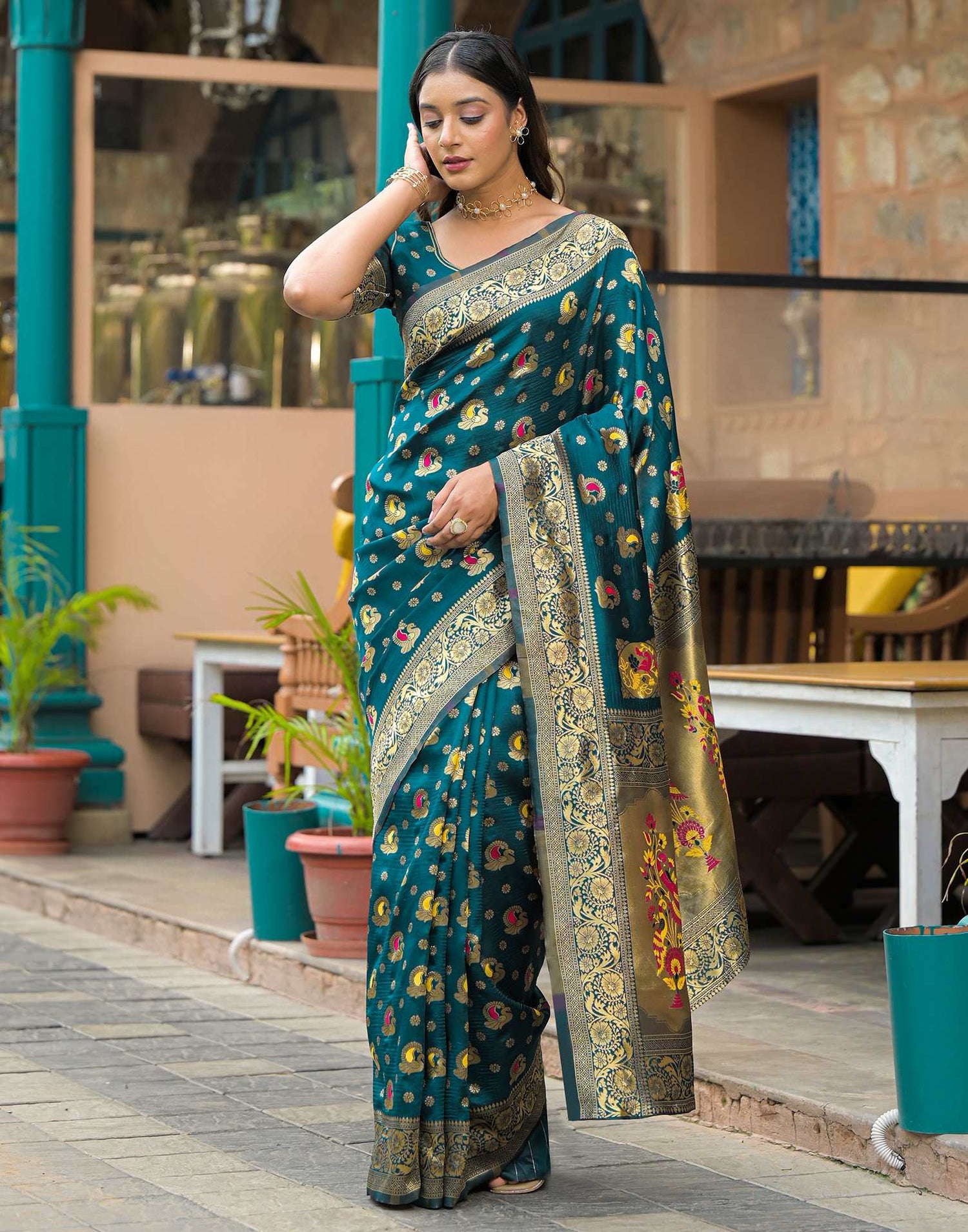 Rama Blue Silk Woven Banarasi Saree