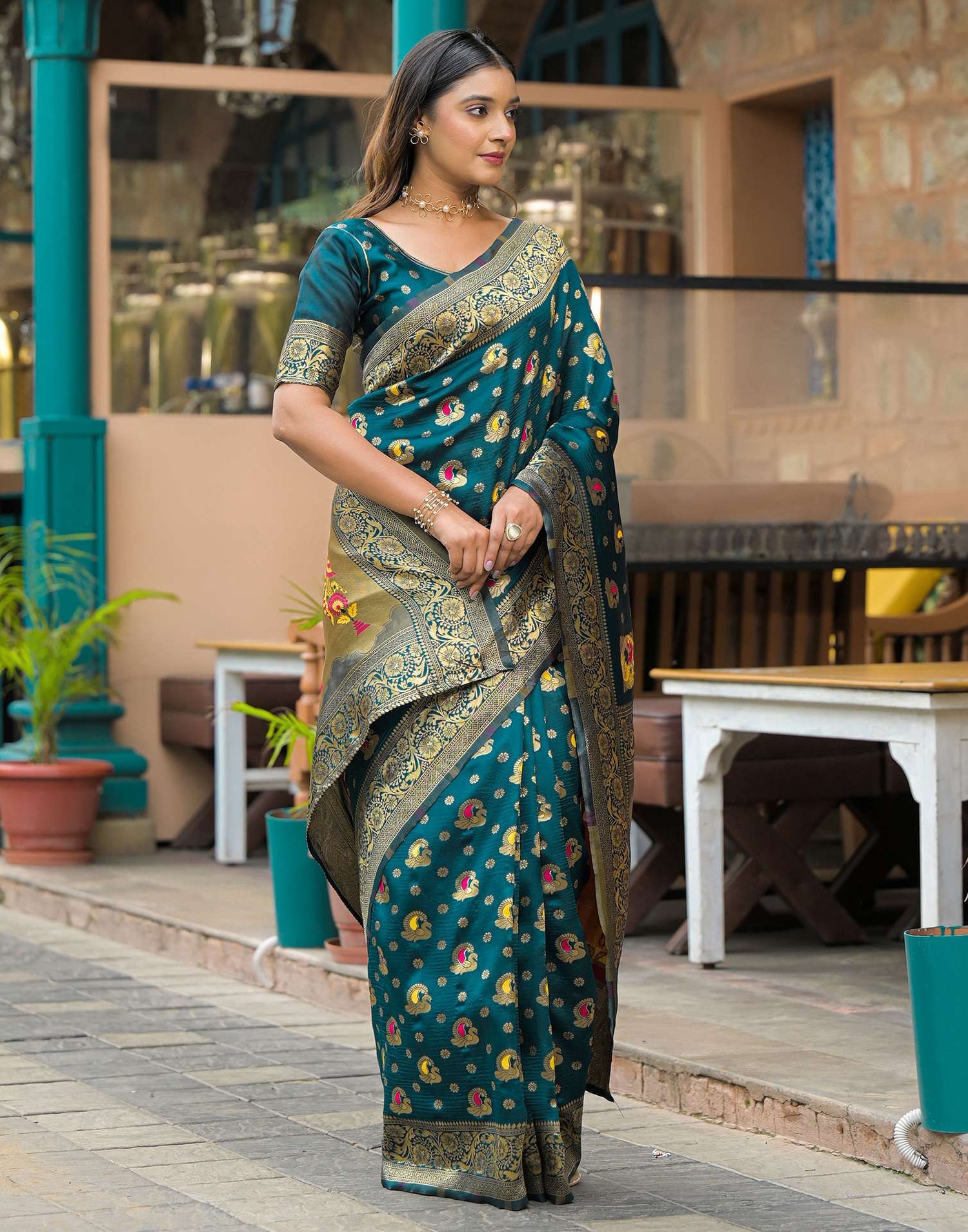 Rama Blue Silk Woven Banarasi Saree