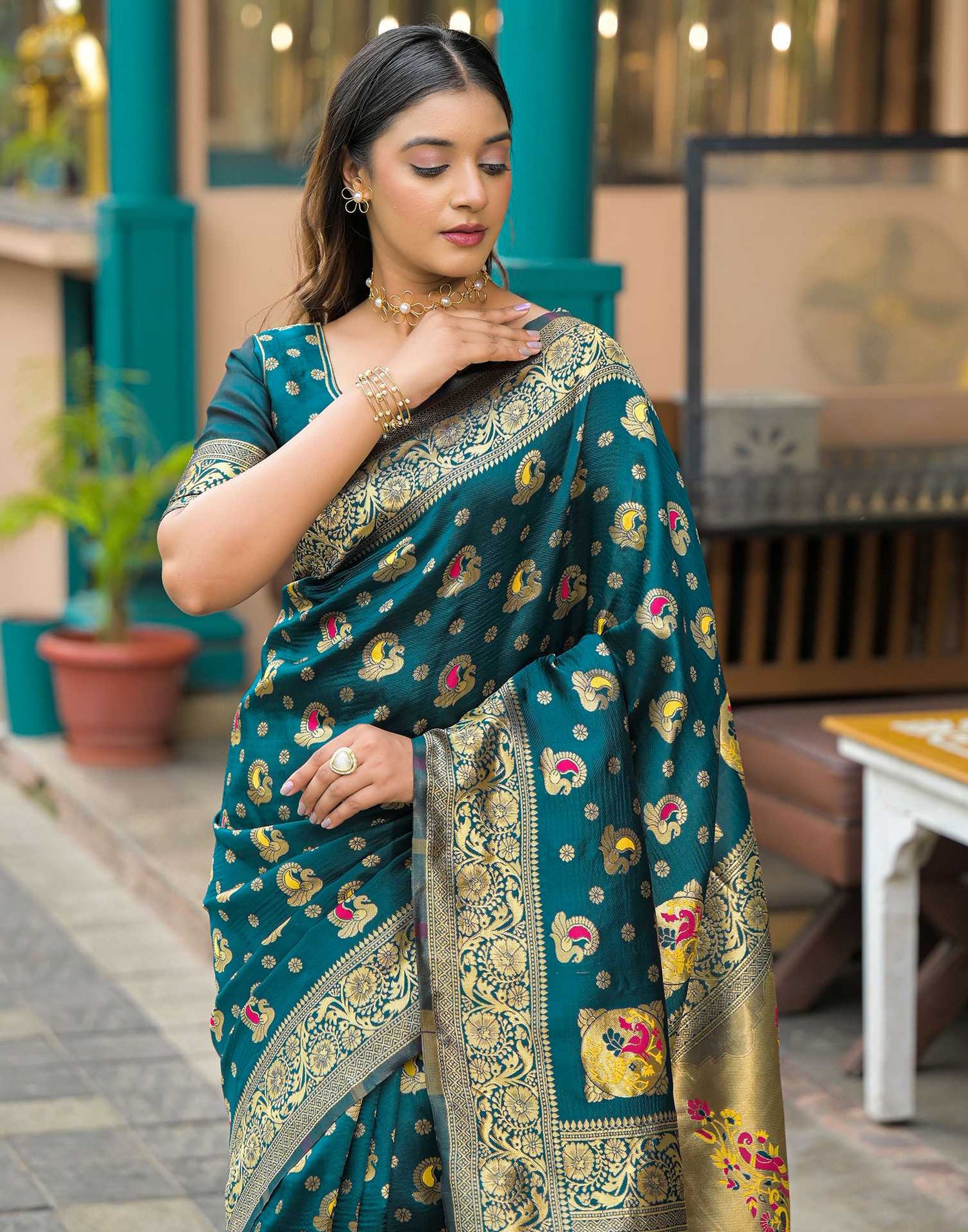 Rama Blue Silk Woven Banarasi Saree