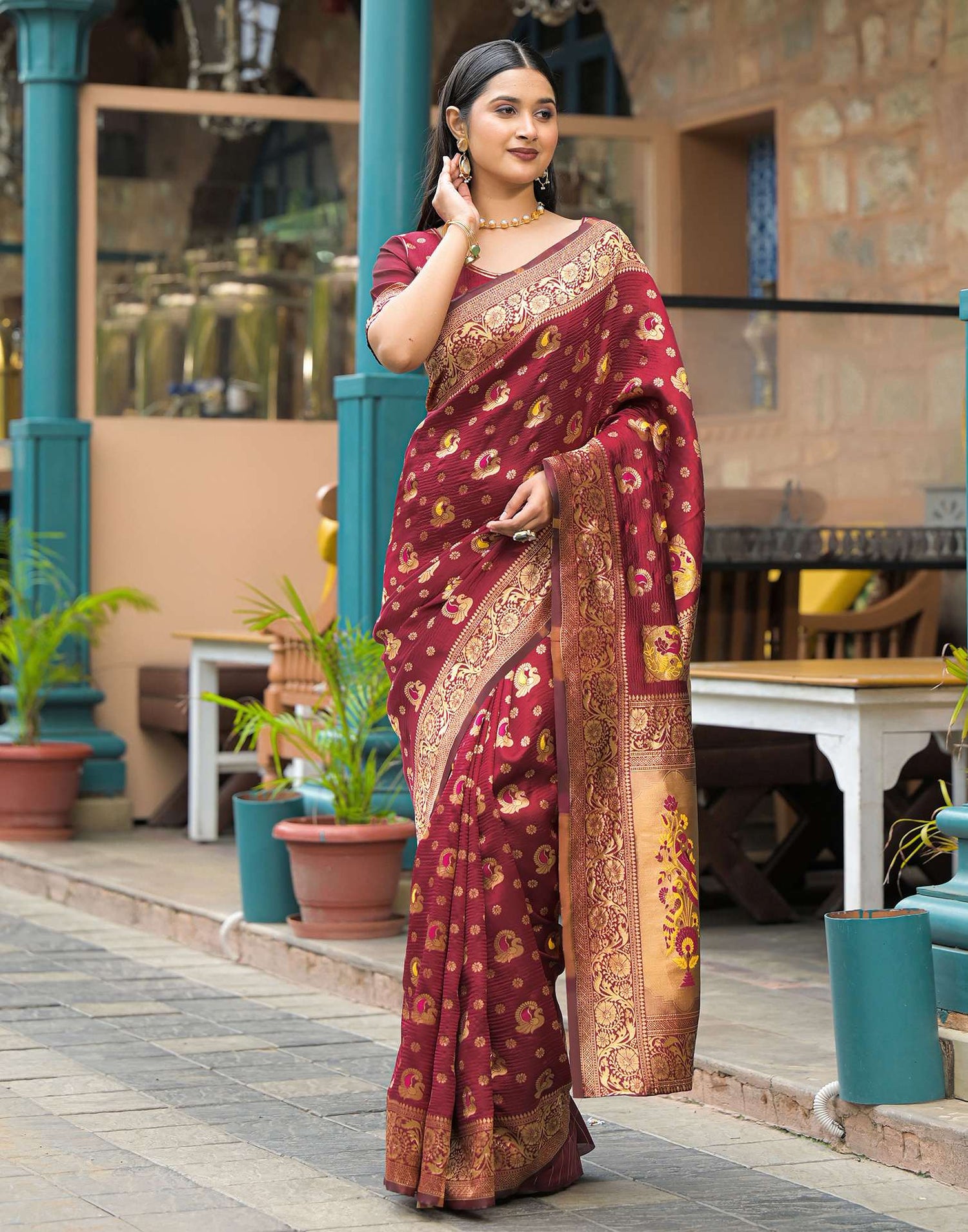 Maroon Silk Woven Banarasi Saree
