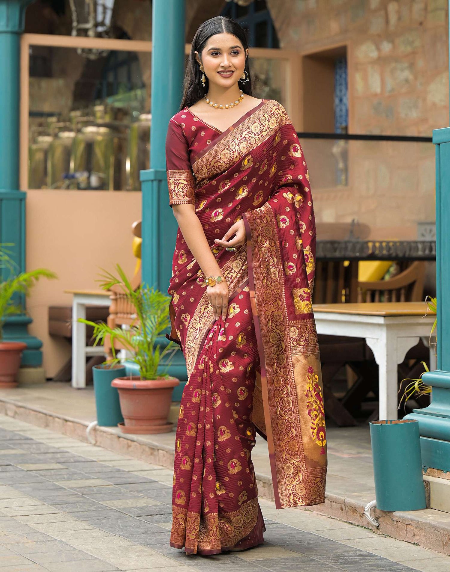 Maroon Silk Woven Banarasi Saree