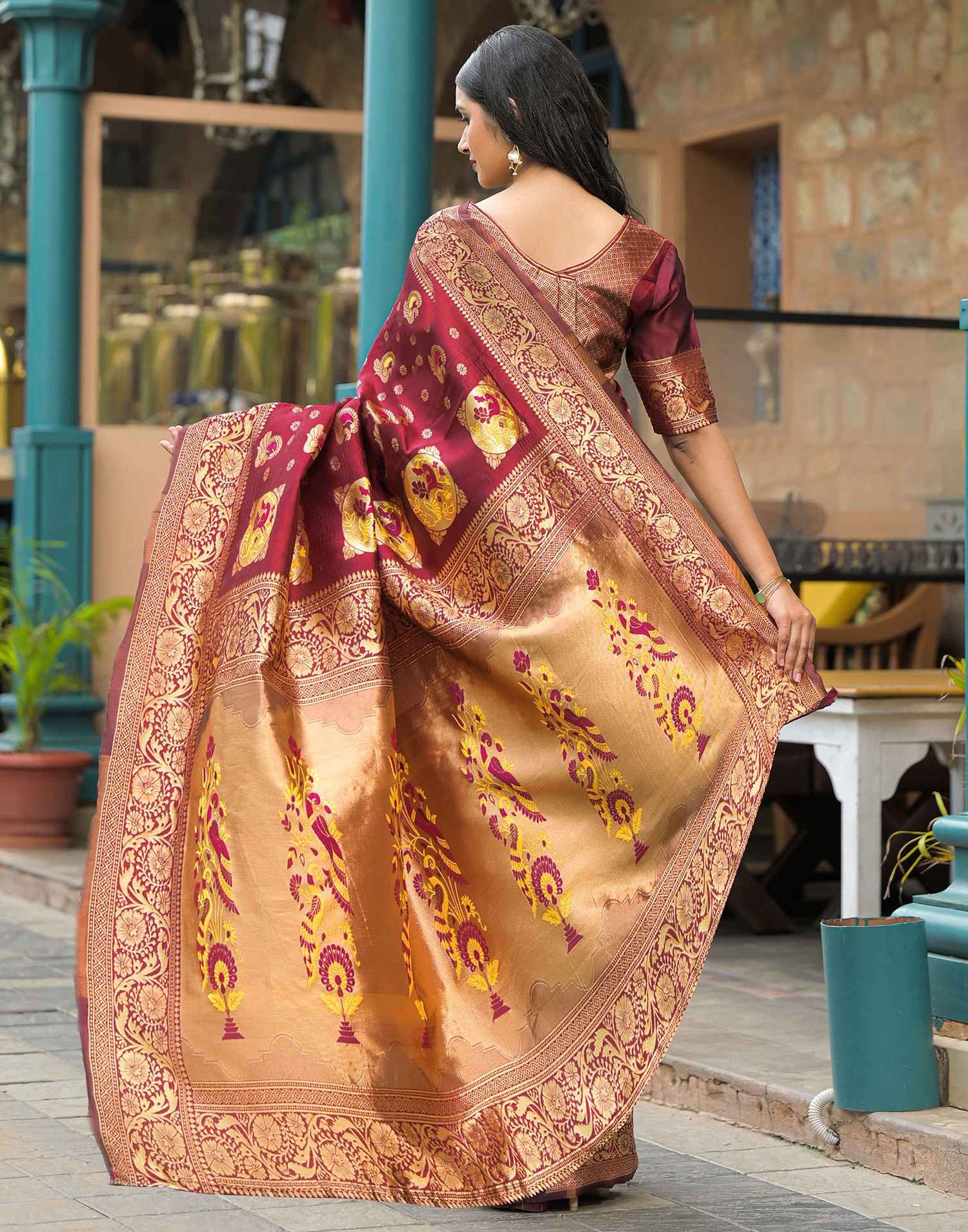 Maroon Silk Woven Banarasi Saree