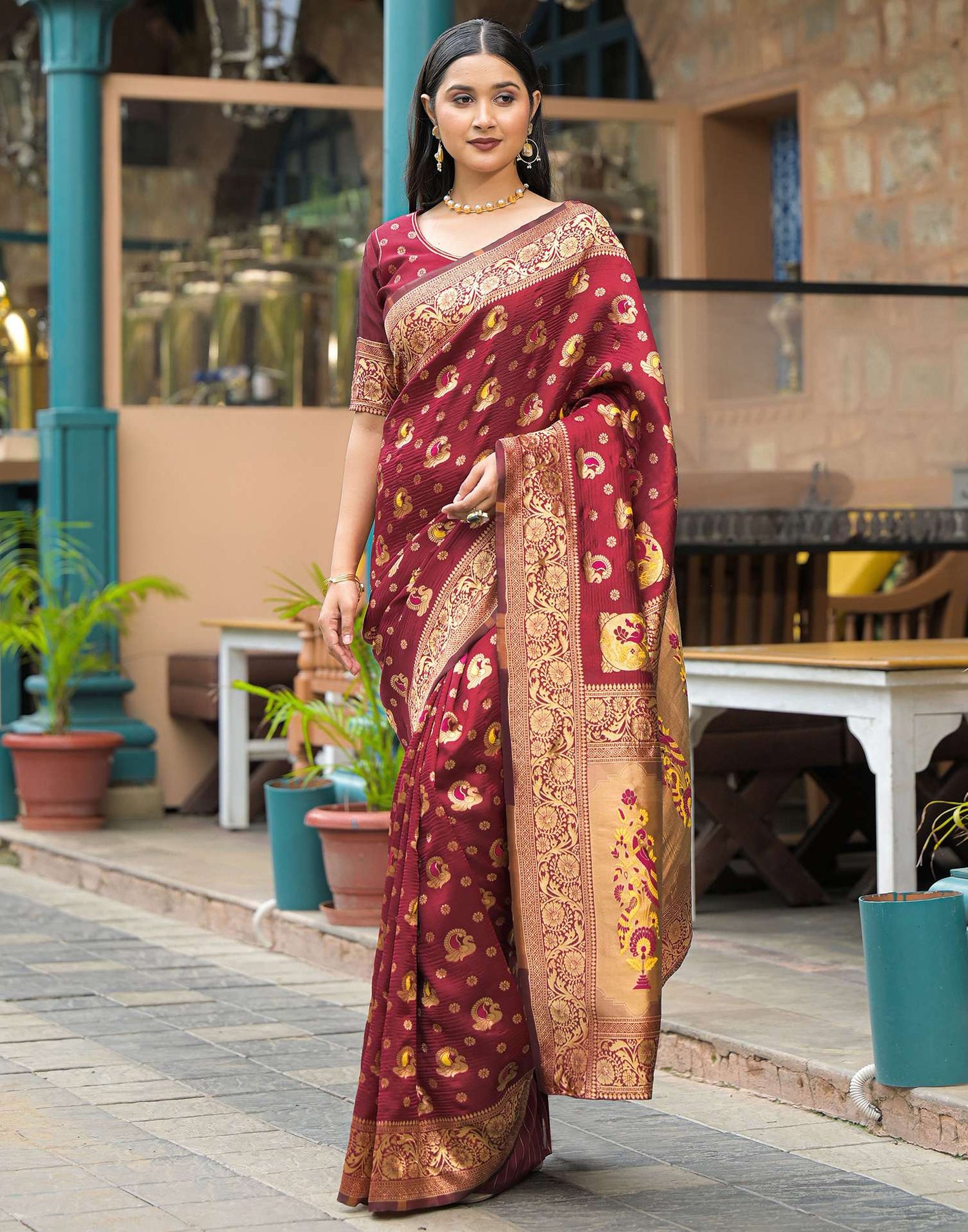 Maroon Silk Woven Banarasi Saree