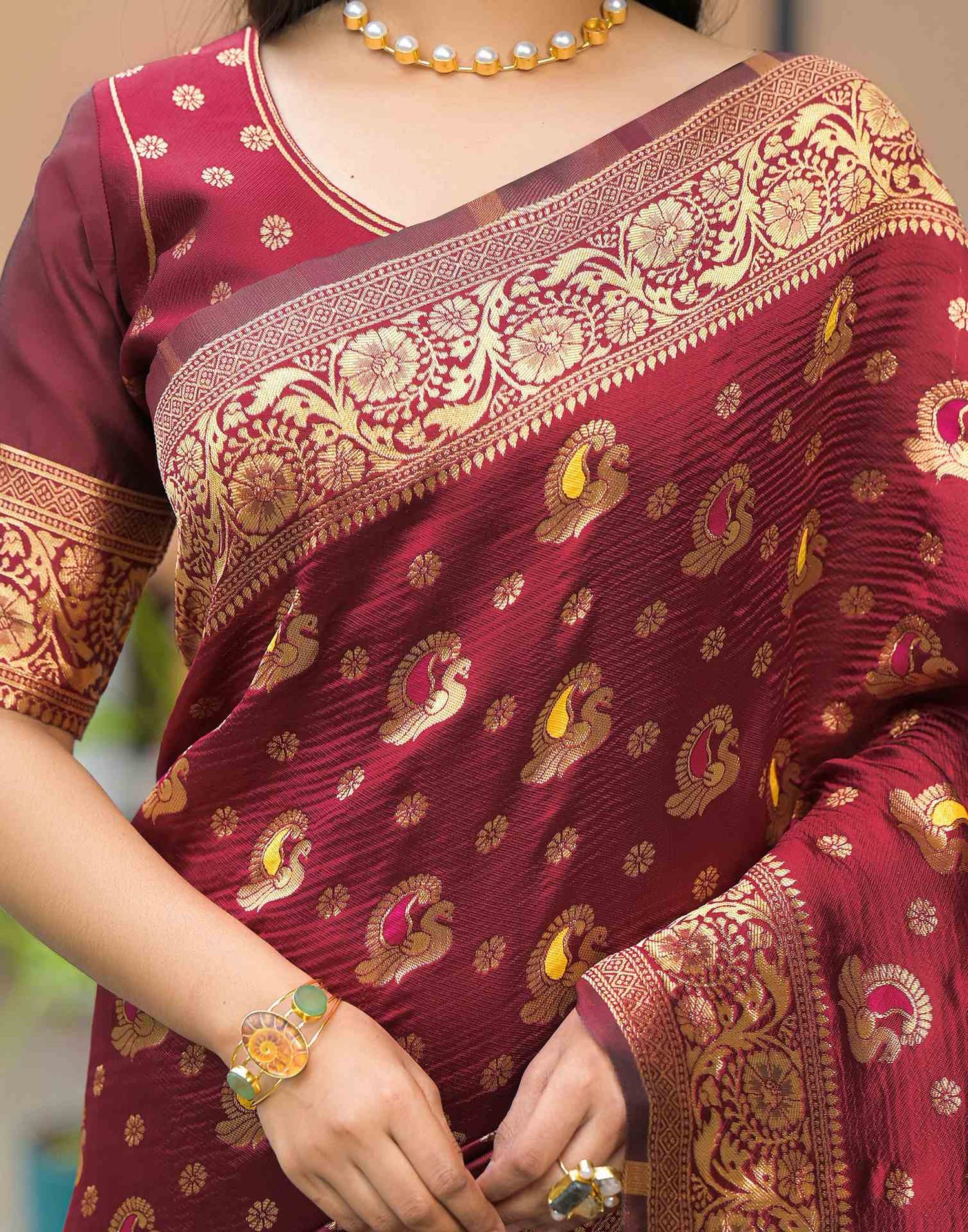 Maroon Silk Woven Banarasi Saree
