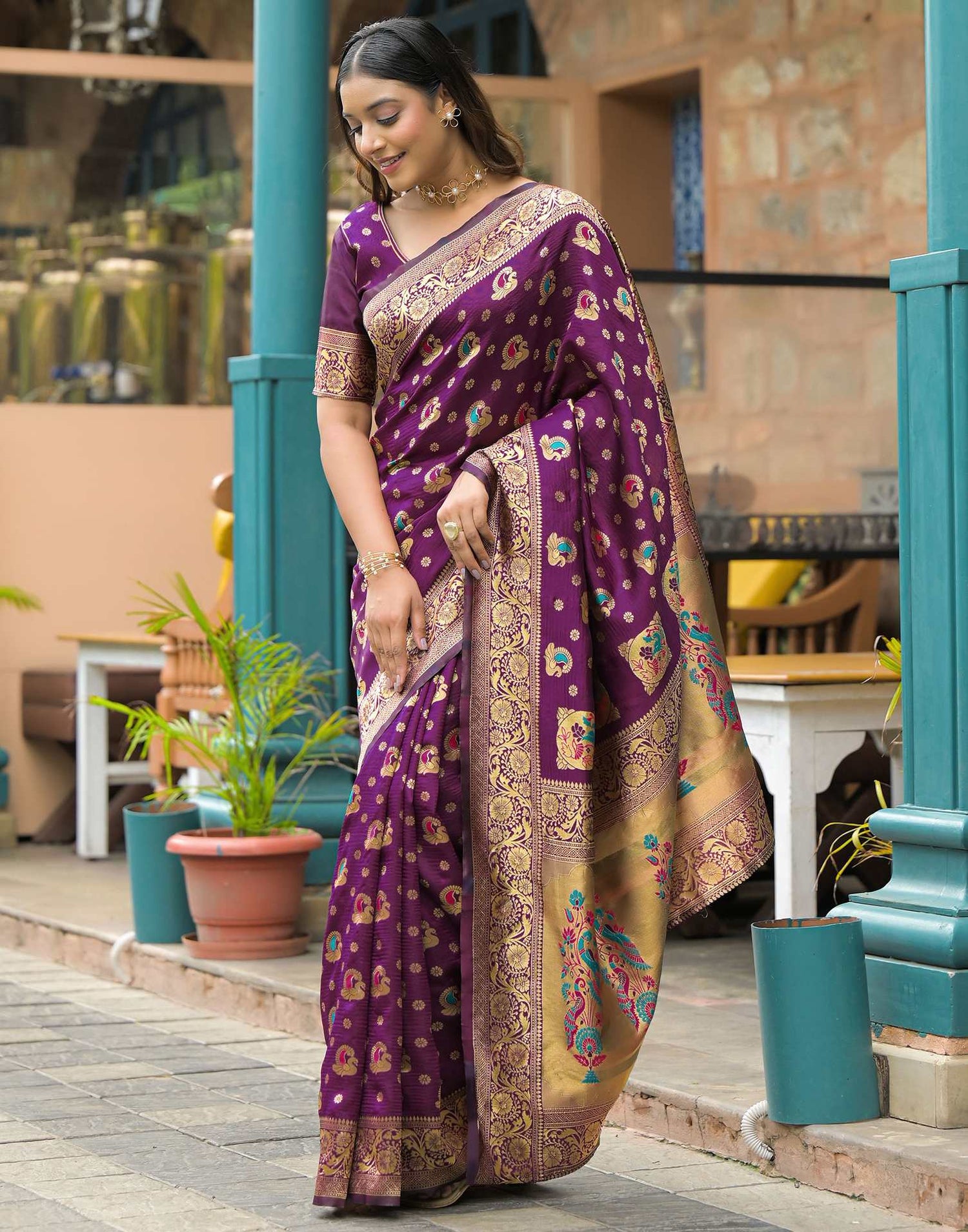 Dark Purple Silk Woven Banarasi Saree