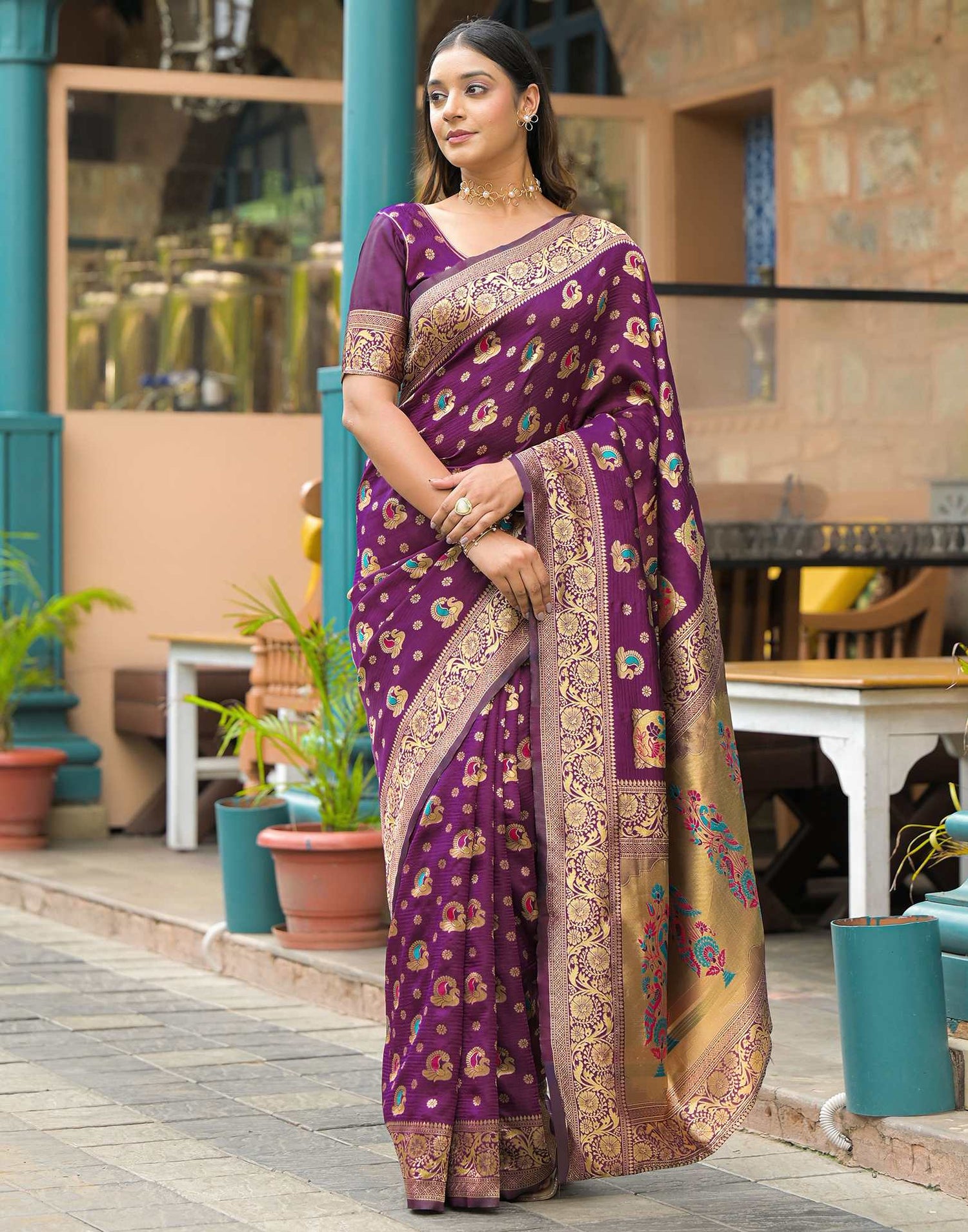Dark Purple Silk Woven Banarasi Saree