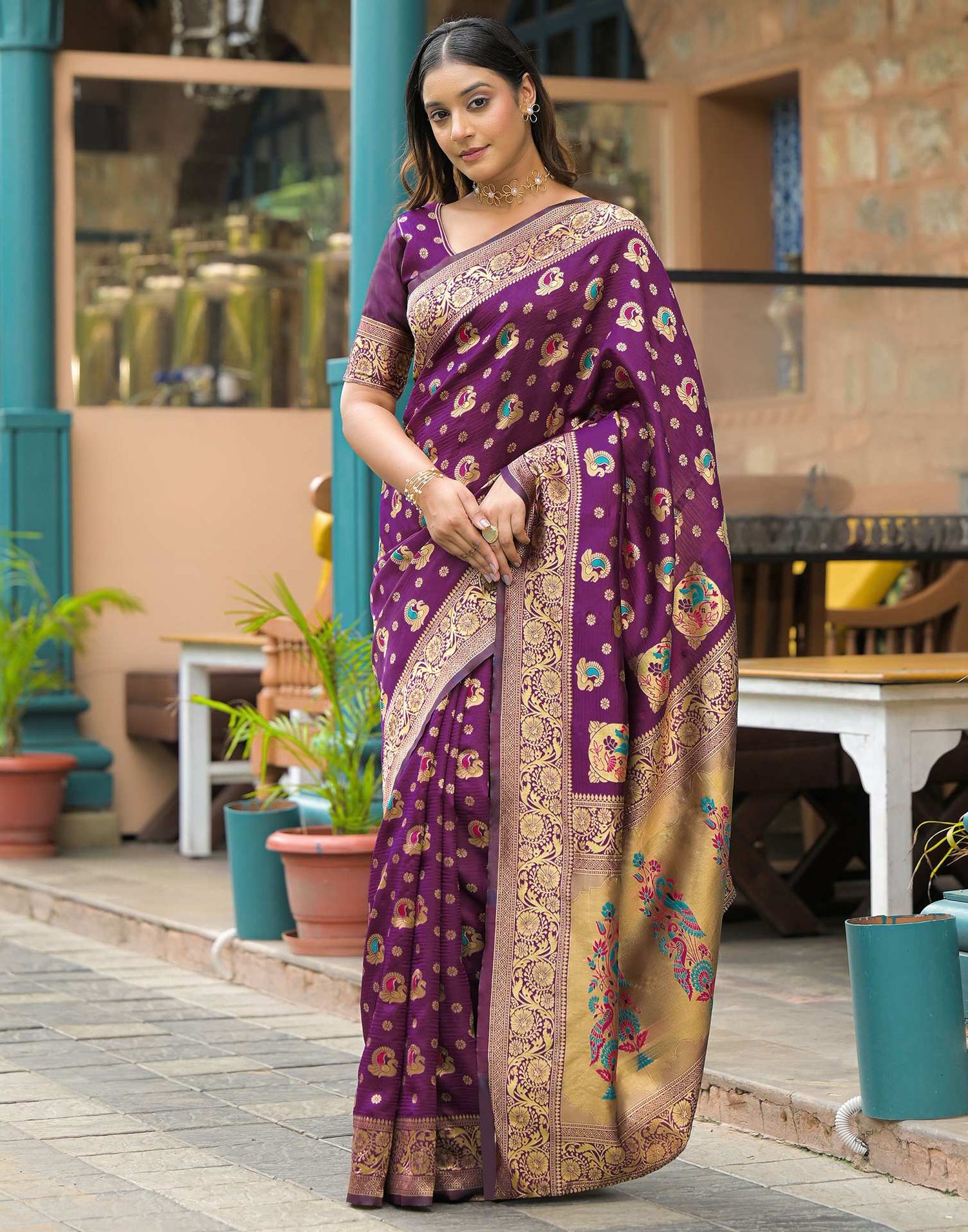 Dark Purple Silk Woven Banarasi Saree