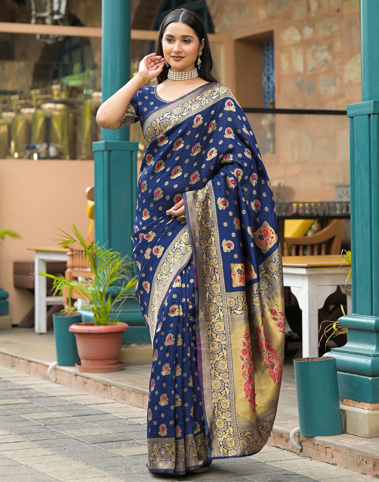 Navy Blue Silk Woven Banarasi Saree