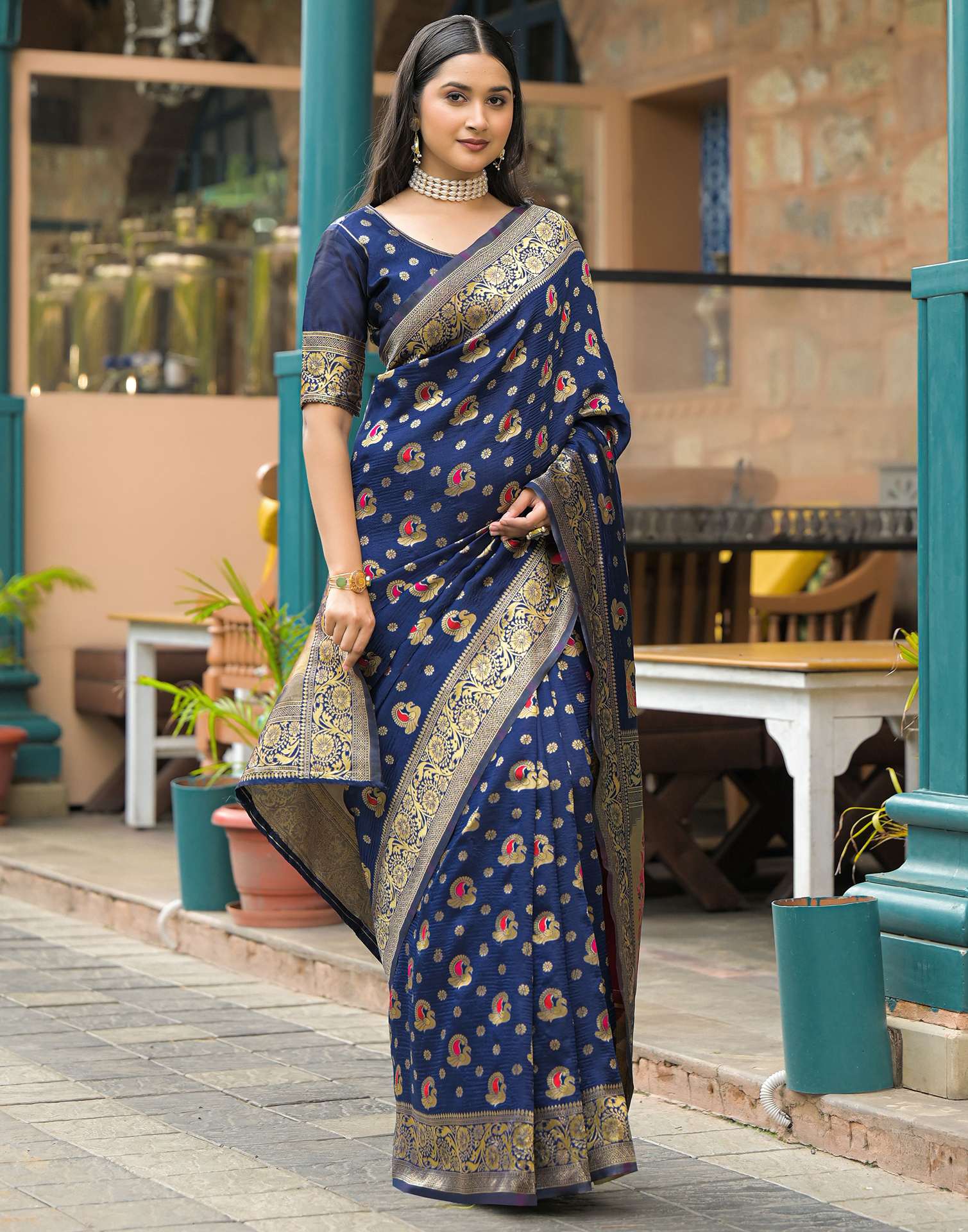 Navy Blue Silk Woven Banarasi Saree