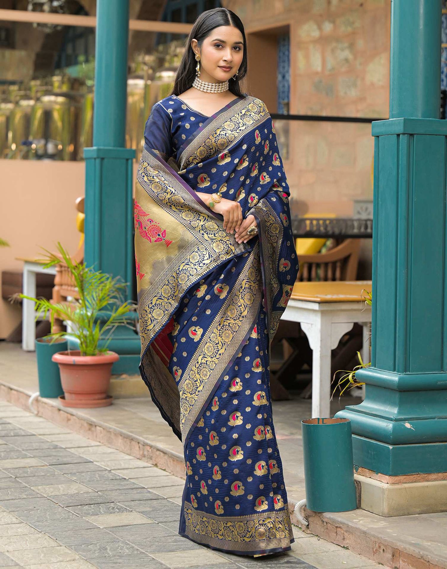 Navy Blue Silk Woven Banarasi Saree