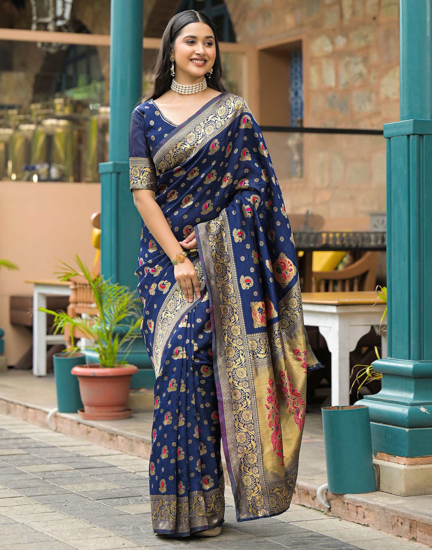 Navy Blue Silk Woven Banarasi Saree