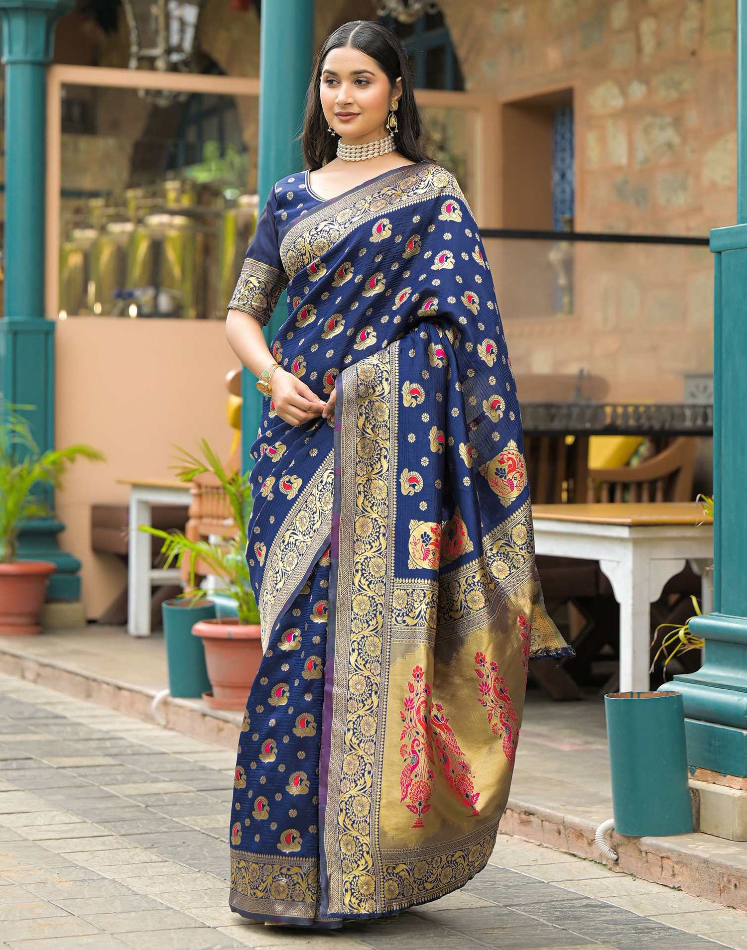 Navy Blue Silk Woven Banarasi Saree