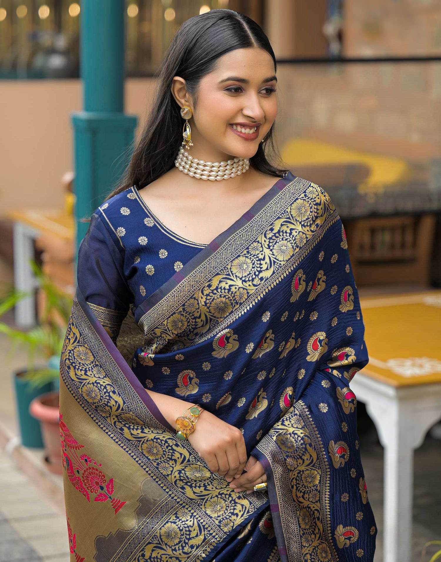 Navy Blue Silk Woven Banarasi Saree