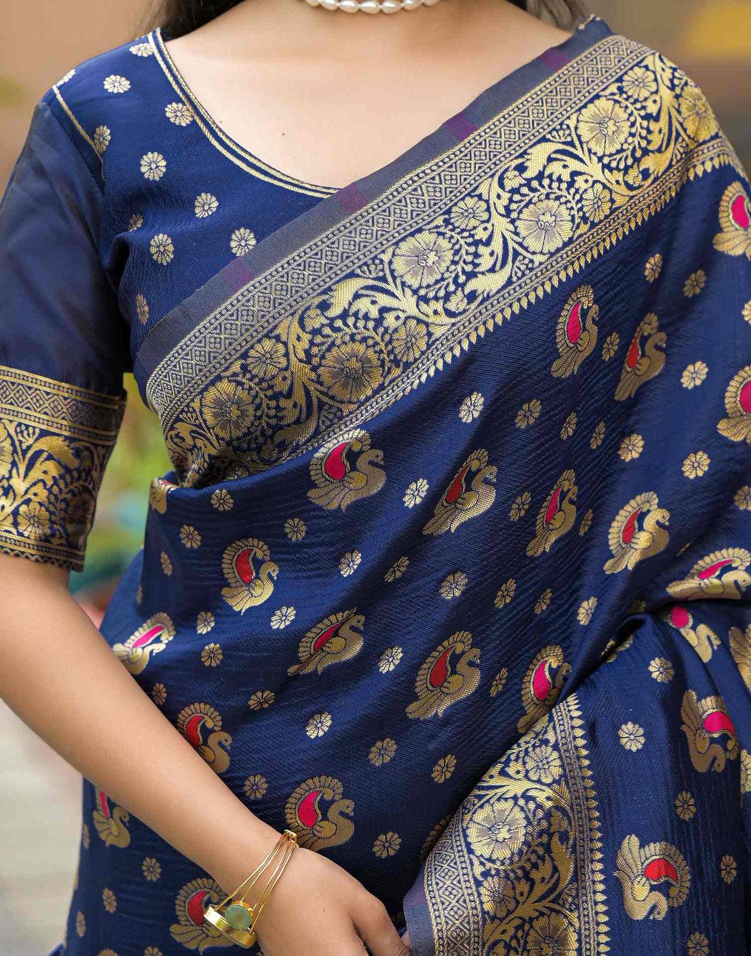 Navy Blue Silk Woven Banarasi Saree