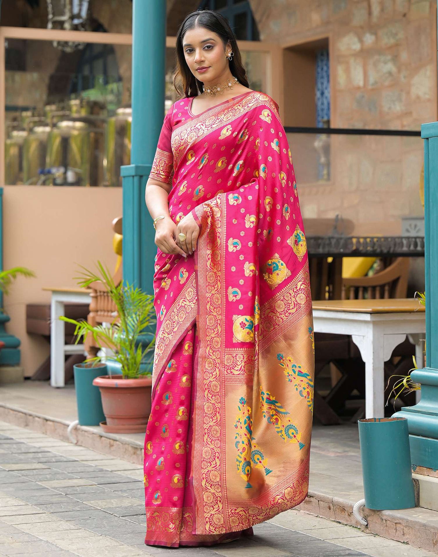 Dark Pink Silk Woven Banarasi Saree