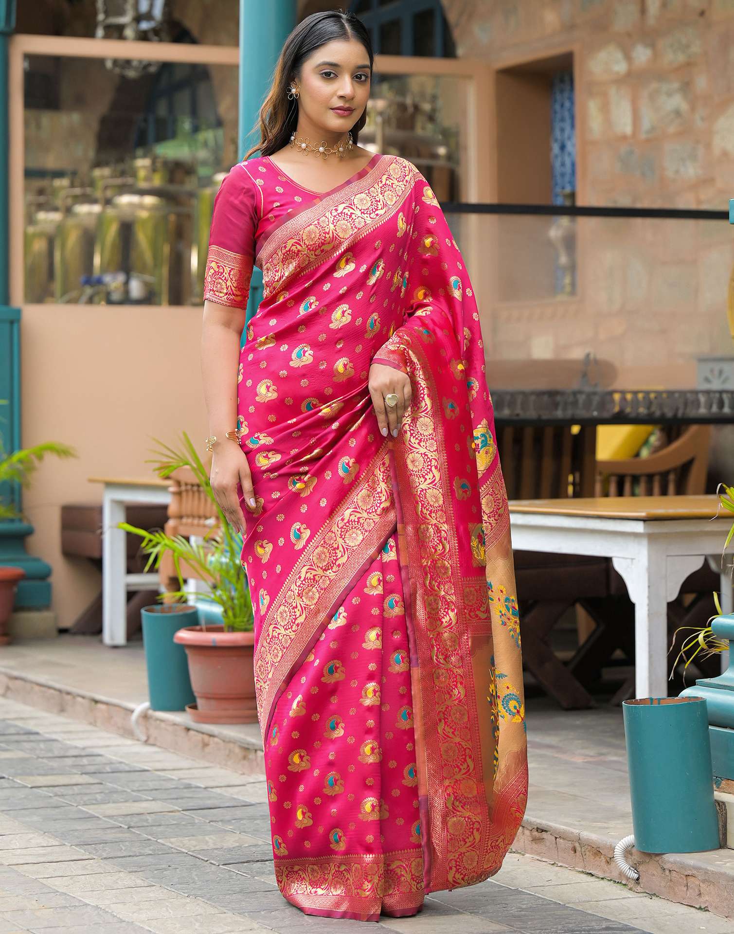 Dark Pink Silk Woven Banarasi Saree